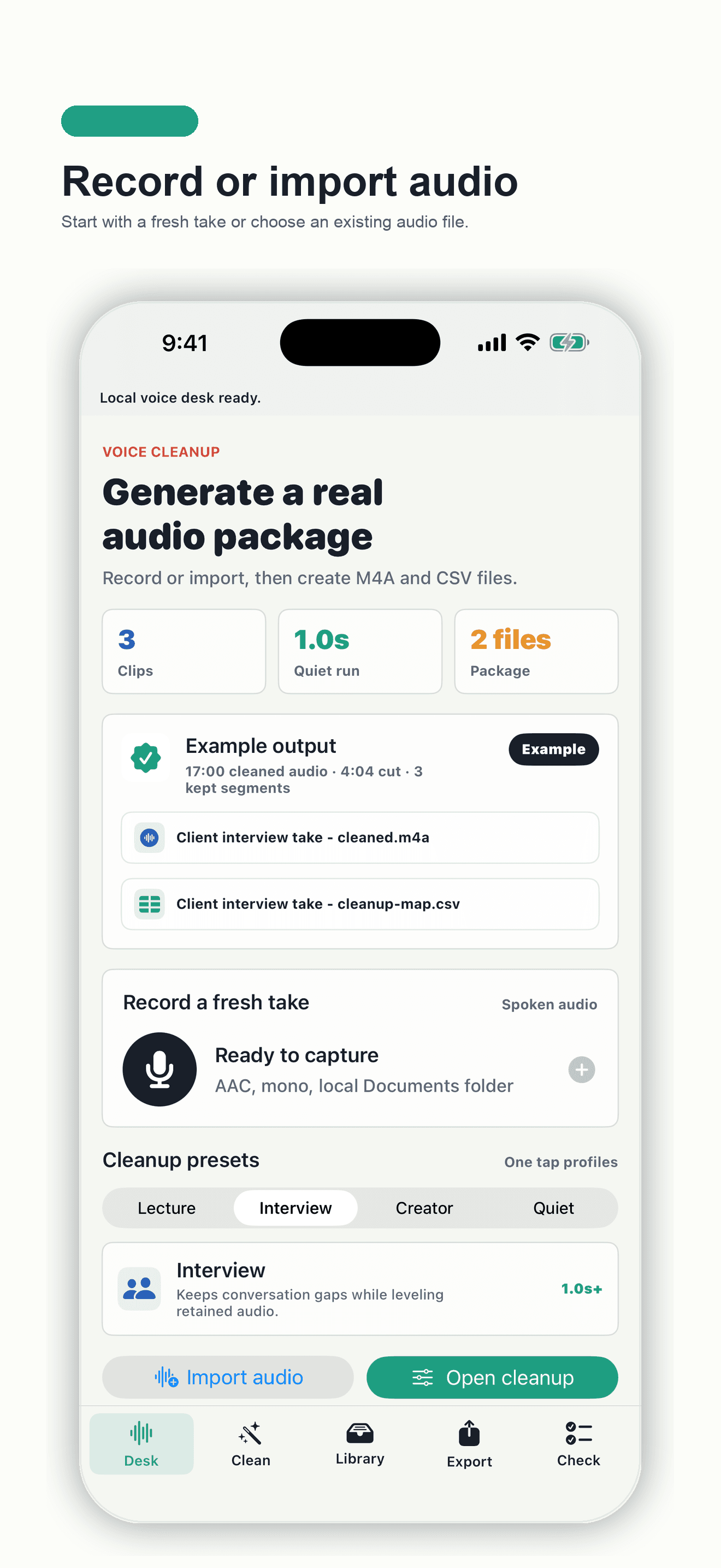 Local recording desk in Pocket Voice Cleaner