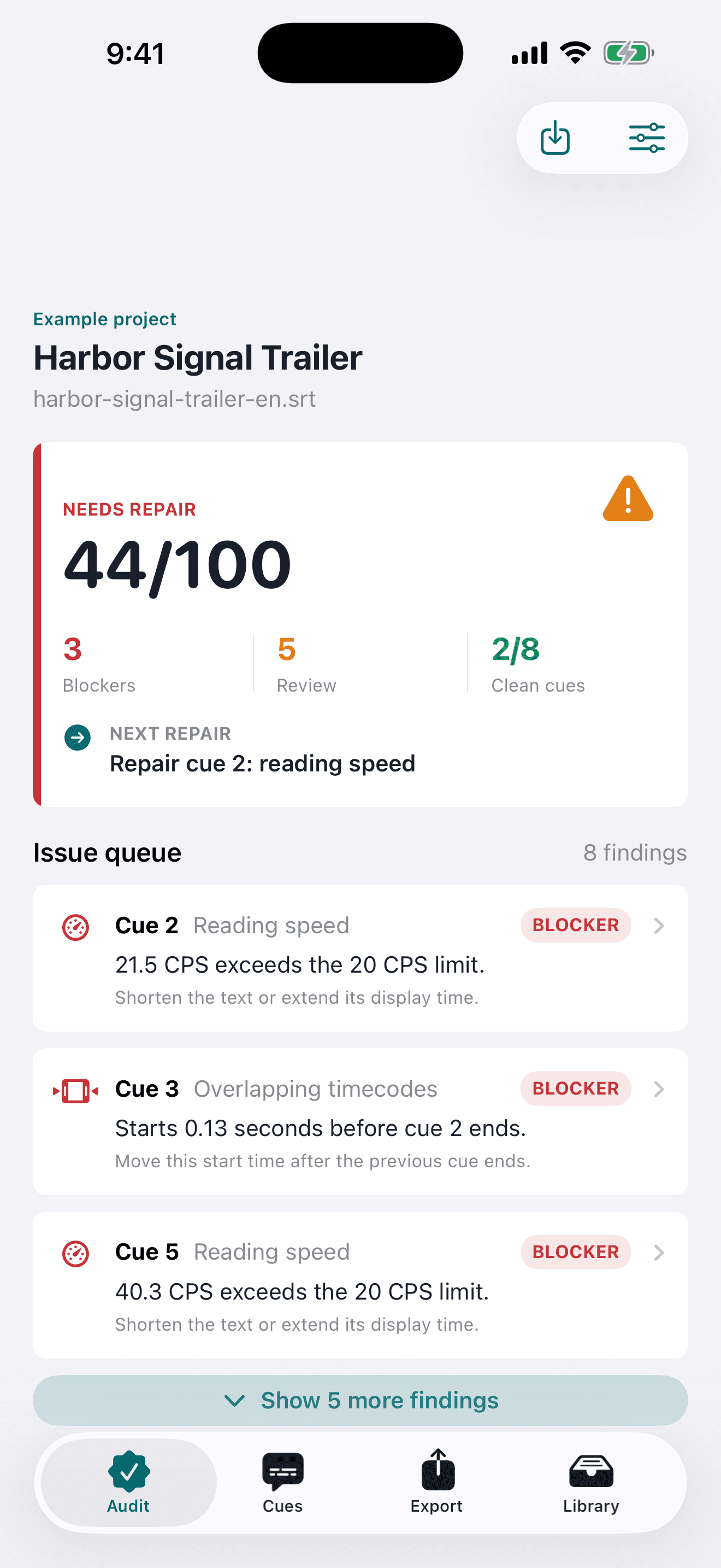 Blocker-first audit in Caption QA Local