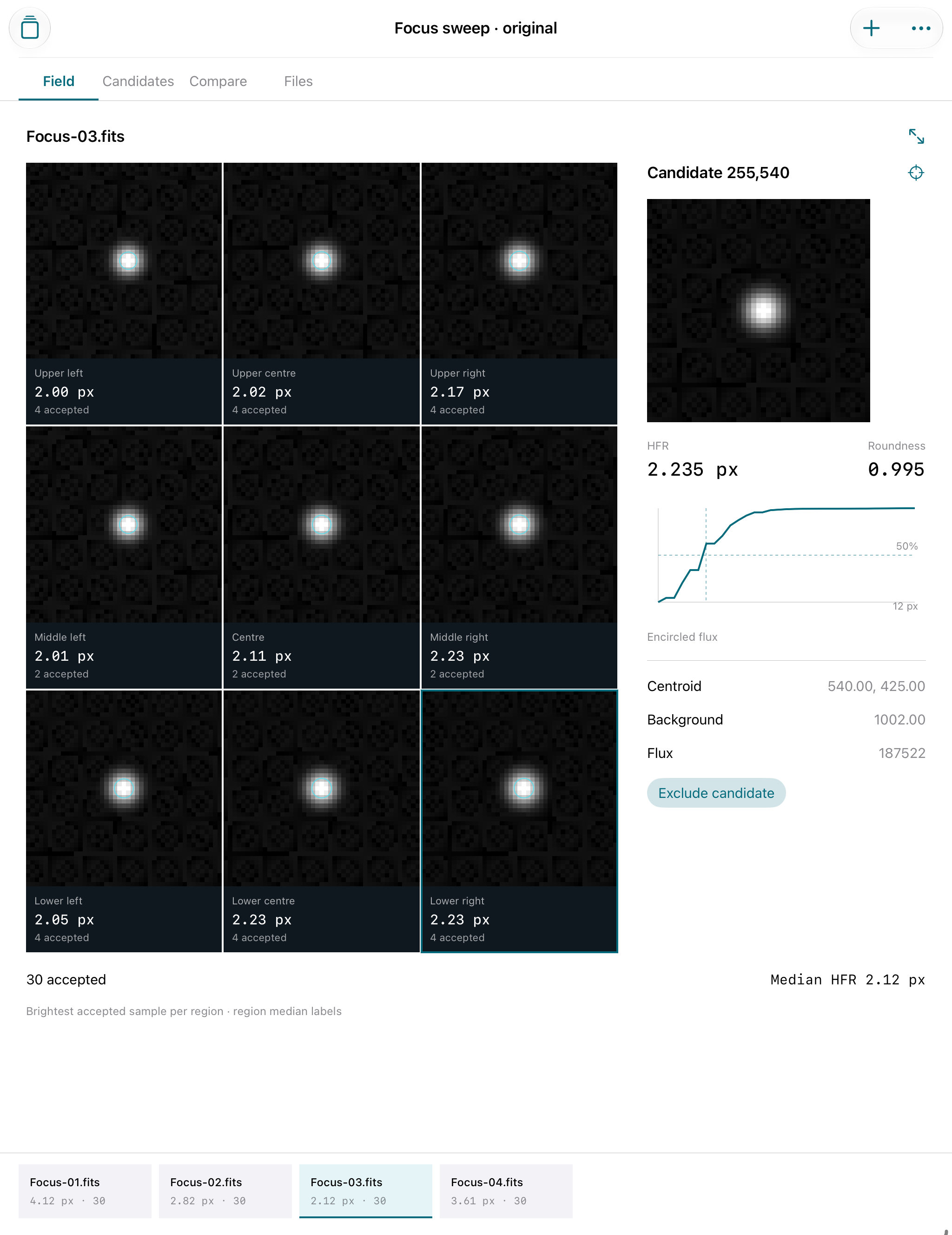 Actual Apertide iPad workspace with regional star crops and selected candidate measurements