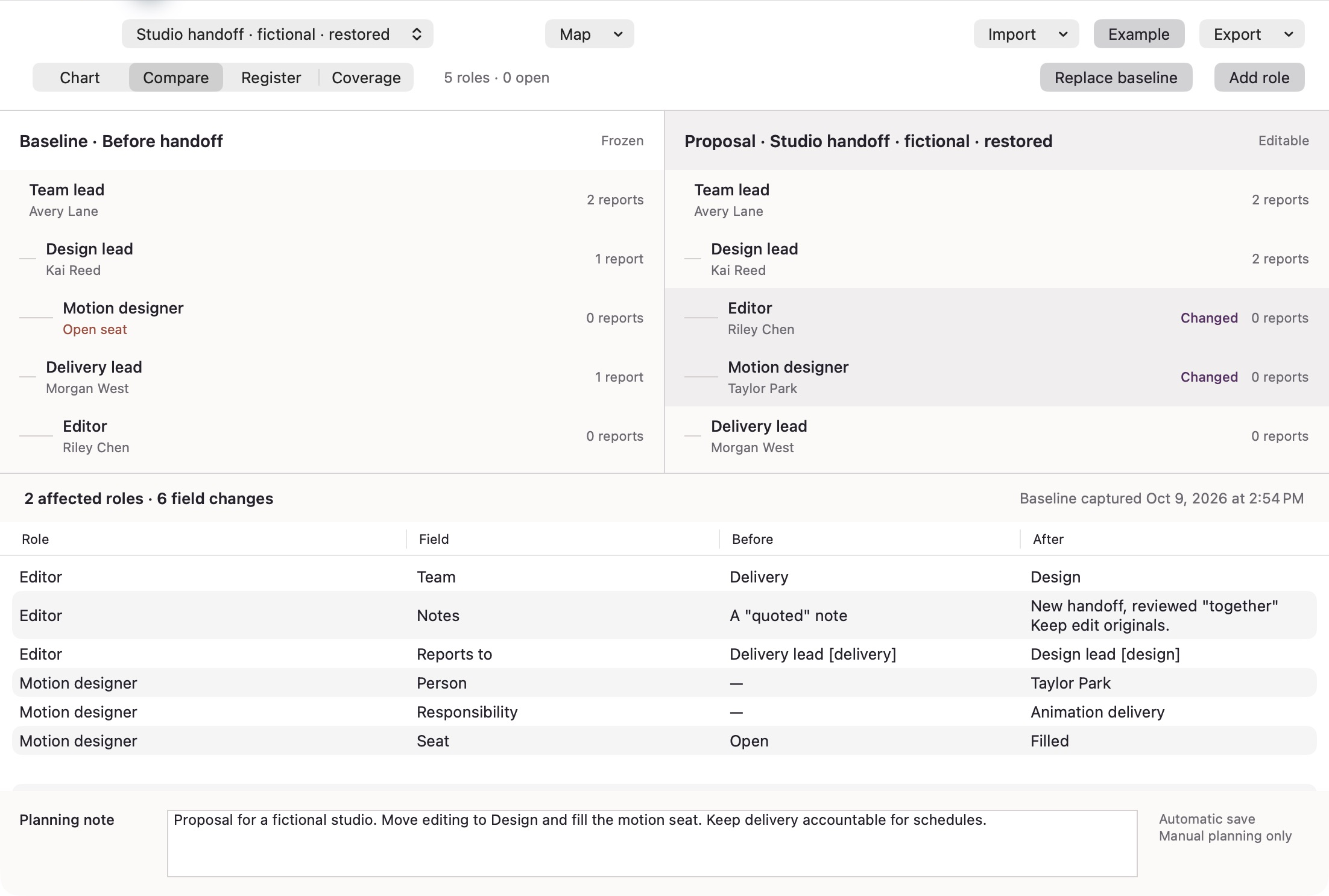 Actual Mac comparison showing frozen baseline and proposed hierarchy with six changed fields
