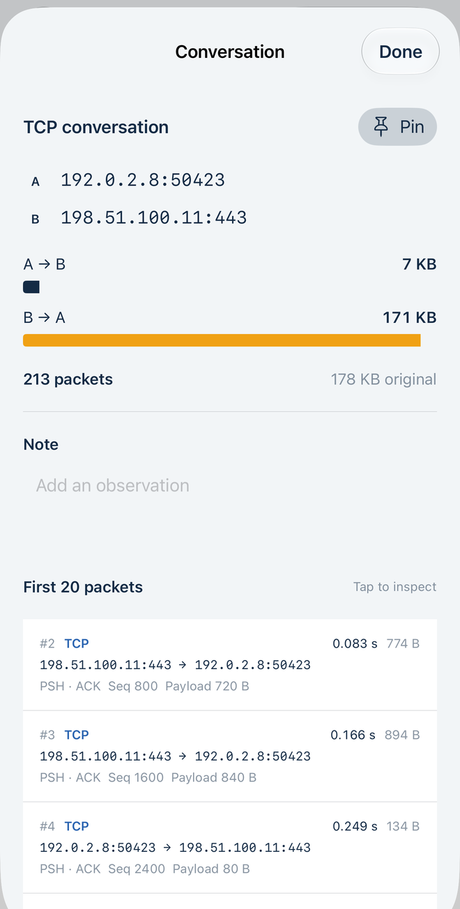 Actual bidirectional TCP conversation with endpoint addresses, original bytes, note editor and packet list