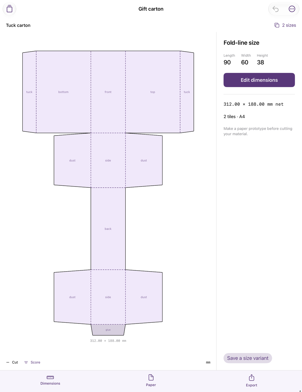 Actual Cartovo iPad working net and dimension inspector