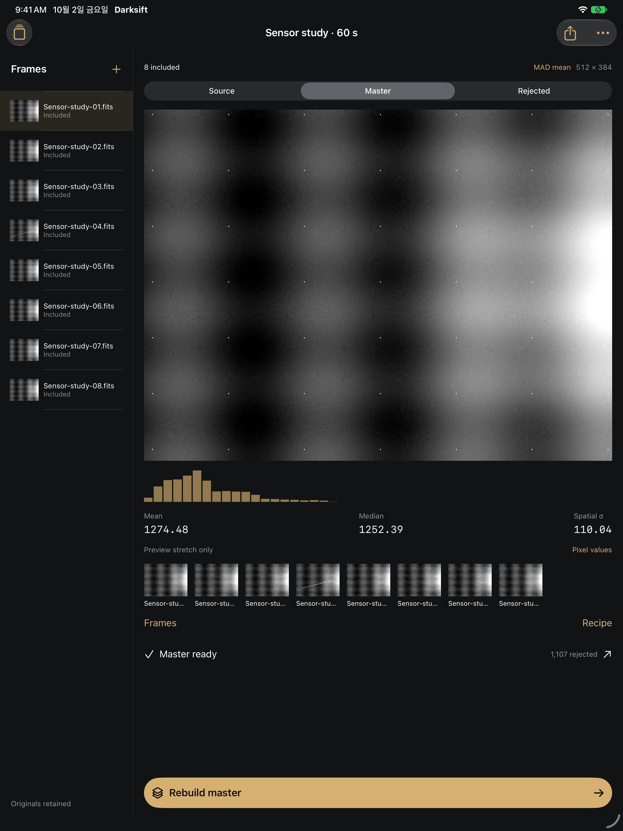 Actual Darksift iPad workspace with included FITS originals and generated master