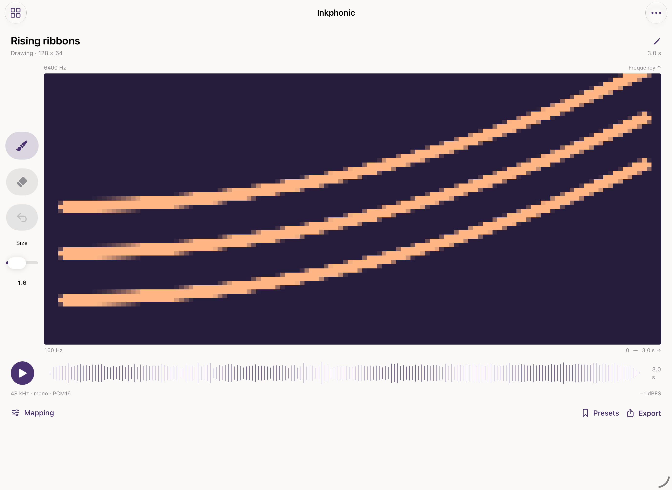 Actual wide iPad amplitude drawing field with tool rail and sound transport