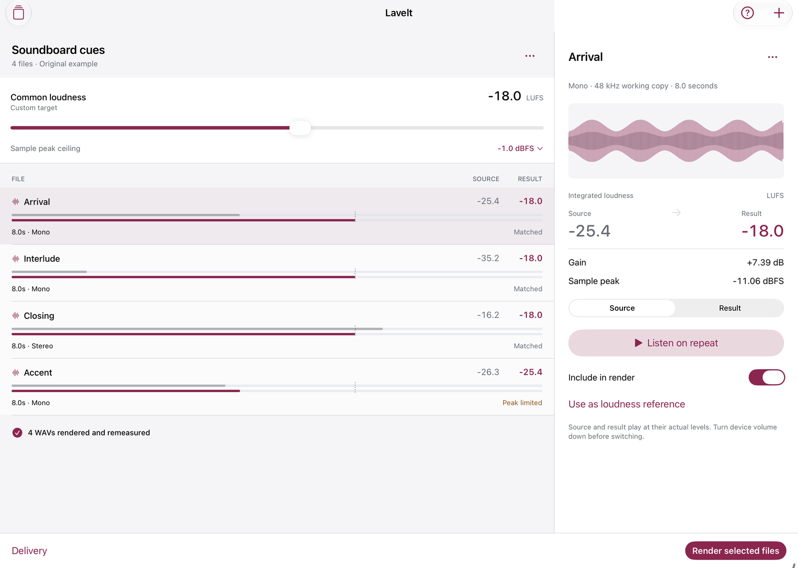 Actual Lavelt iPad Release screen, original example: source and result LUFS for four rendered audio files