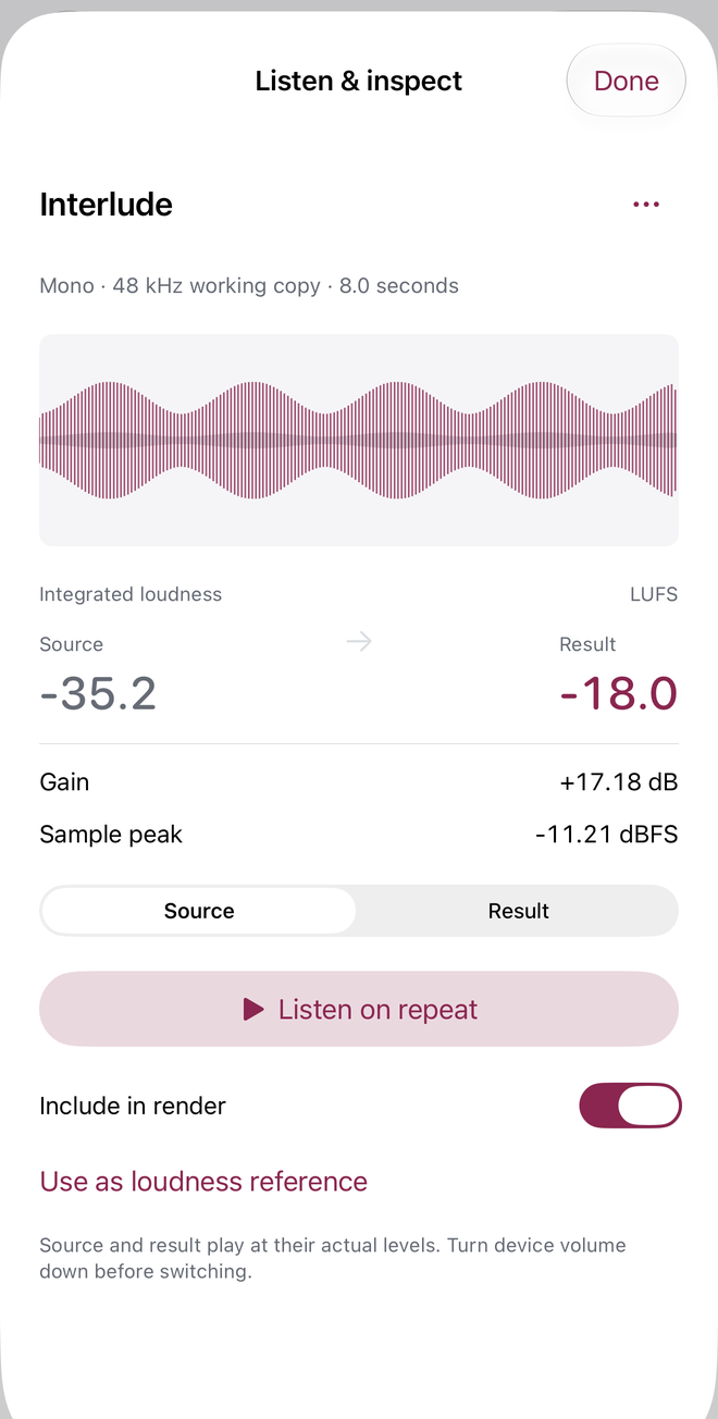 Actual source and rendered result measurements with playback controls