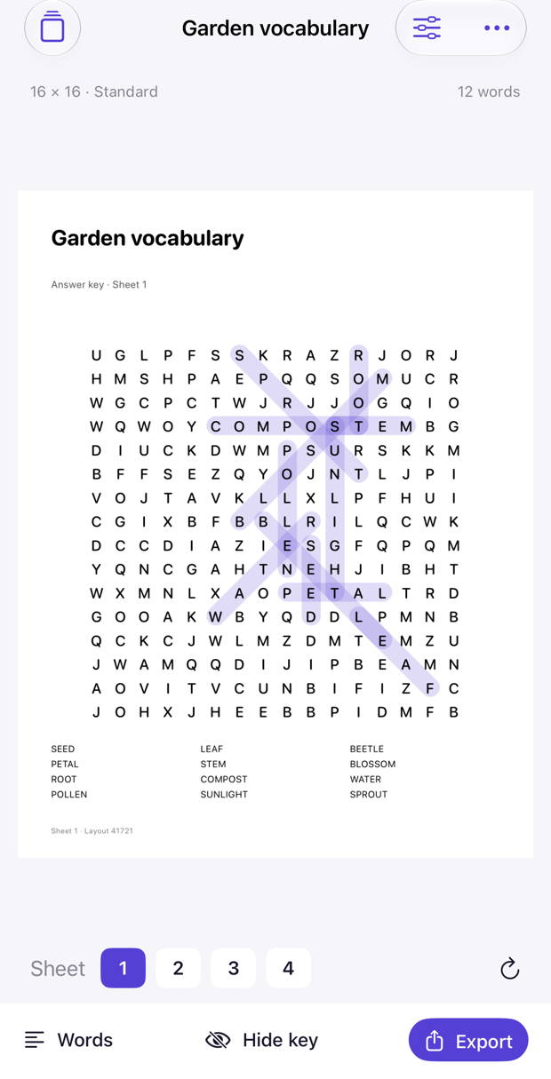 Actual Lettrow iPhone preview: garden vocabulary word search with purple answer paths and four sheet selectors