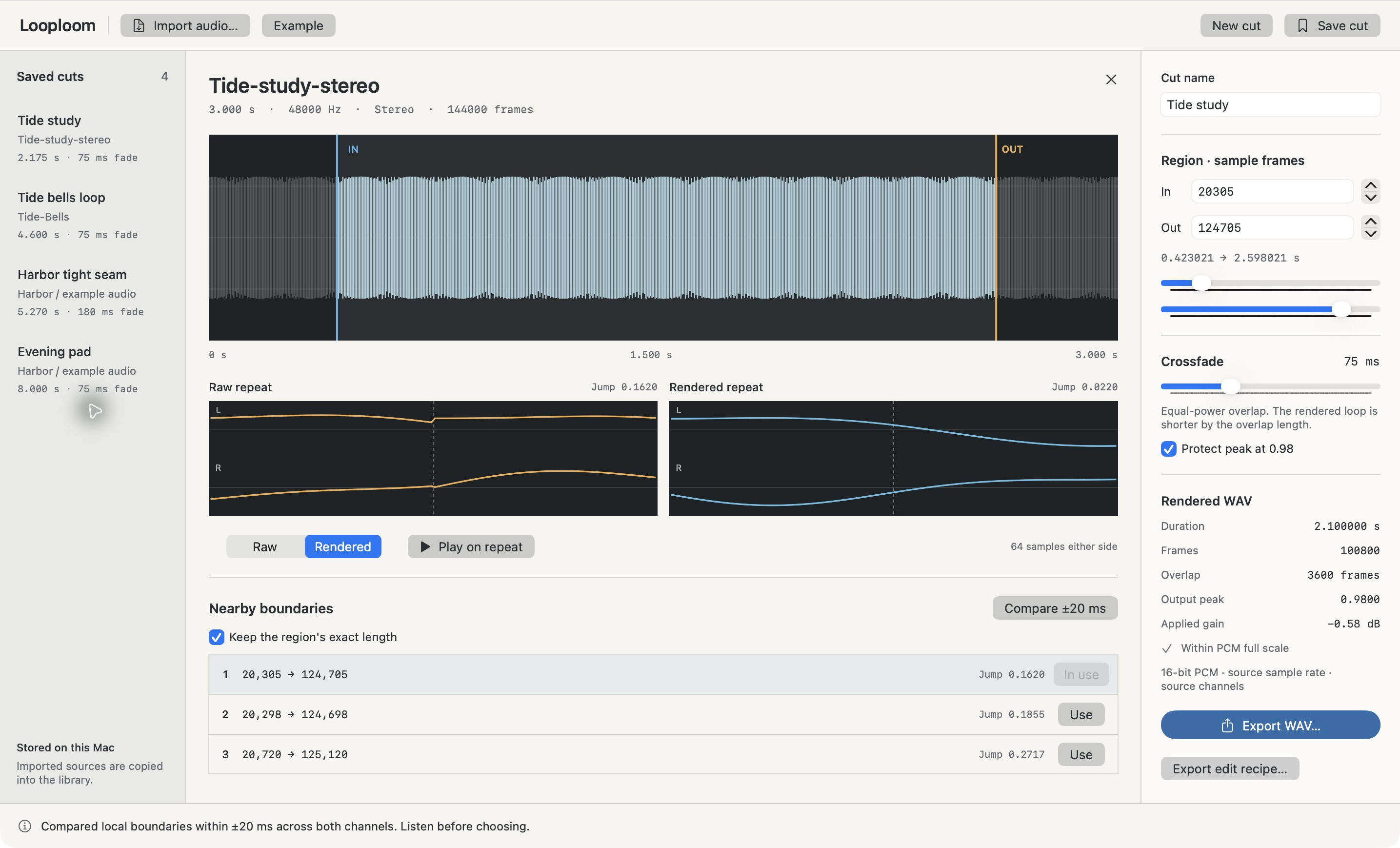 Actual Looploom workspace showing stereo source waveform, raw and rendered boundary samples, three nearby sample candidates and exact WAV output values