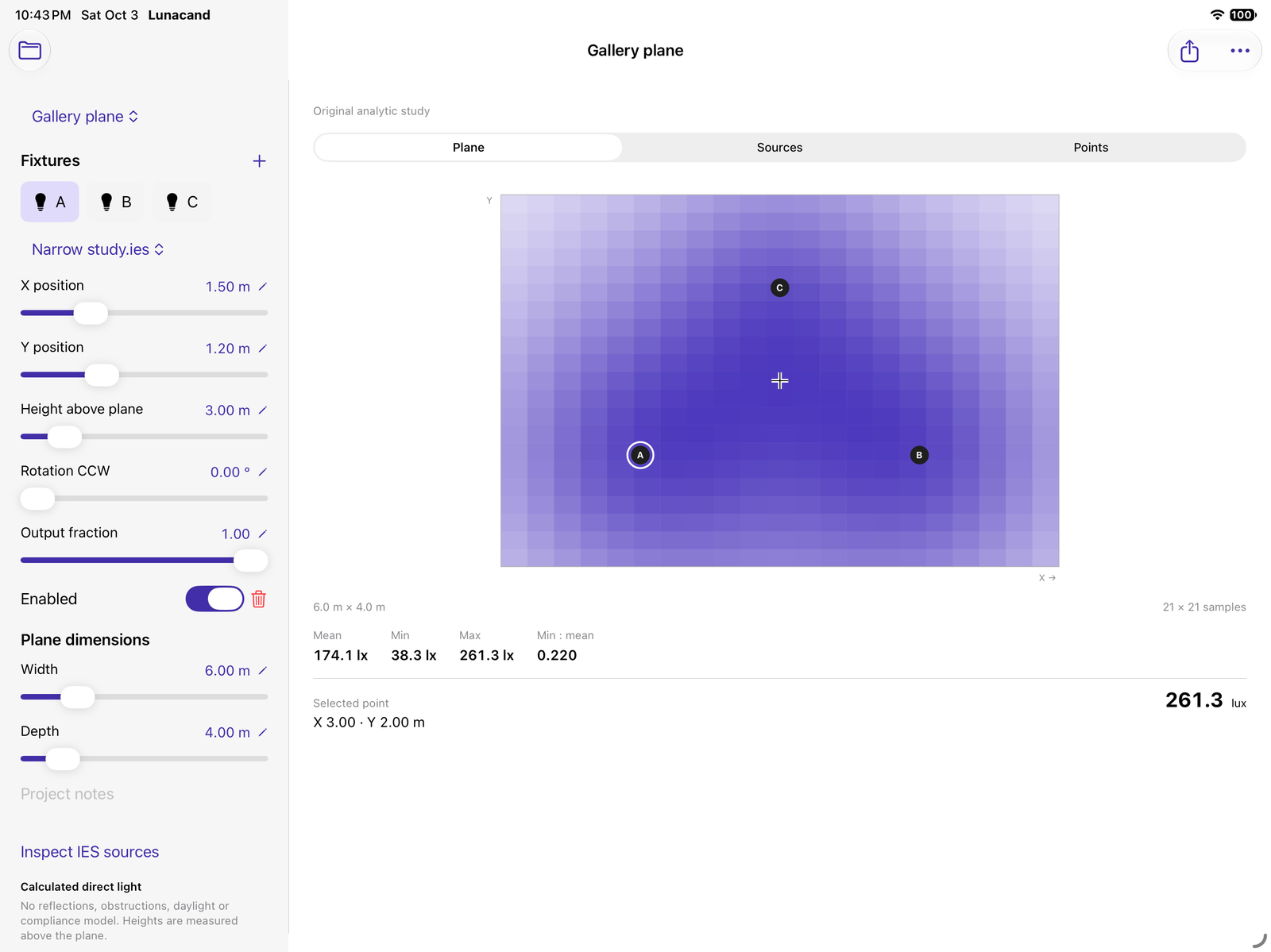 Real Lunacand iPad workspace: fixture inspector alongside a calculated 21 by 21 lux plane. Original analytic study.