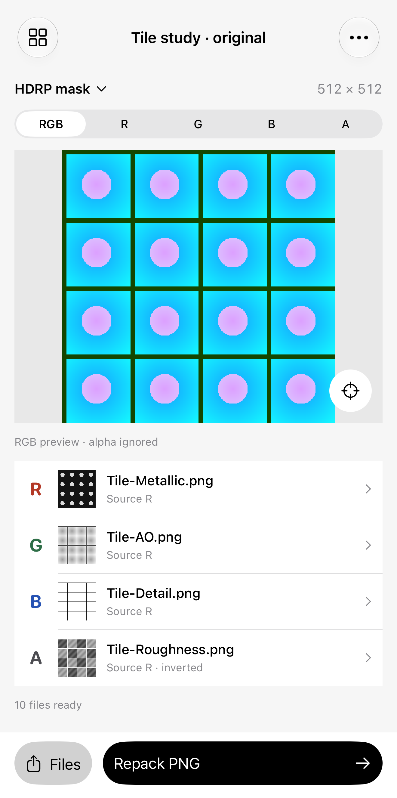 Actual Maprelay iPhone screen showing the original tile study packed into RGBA and four channel assignments