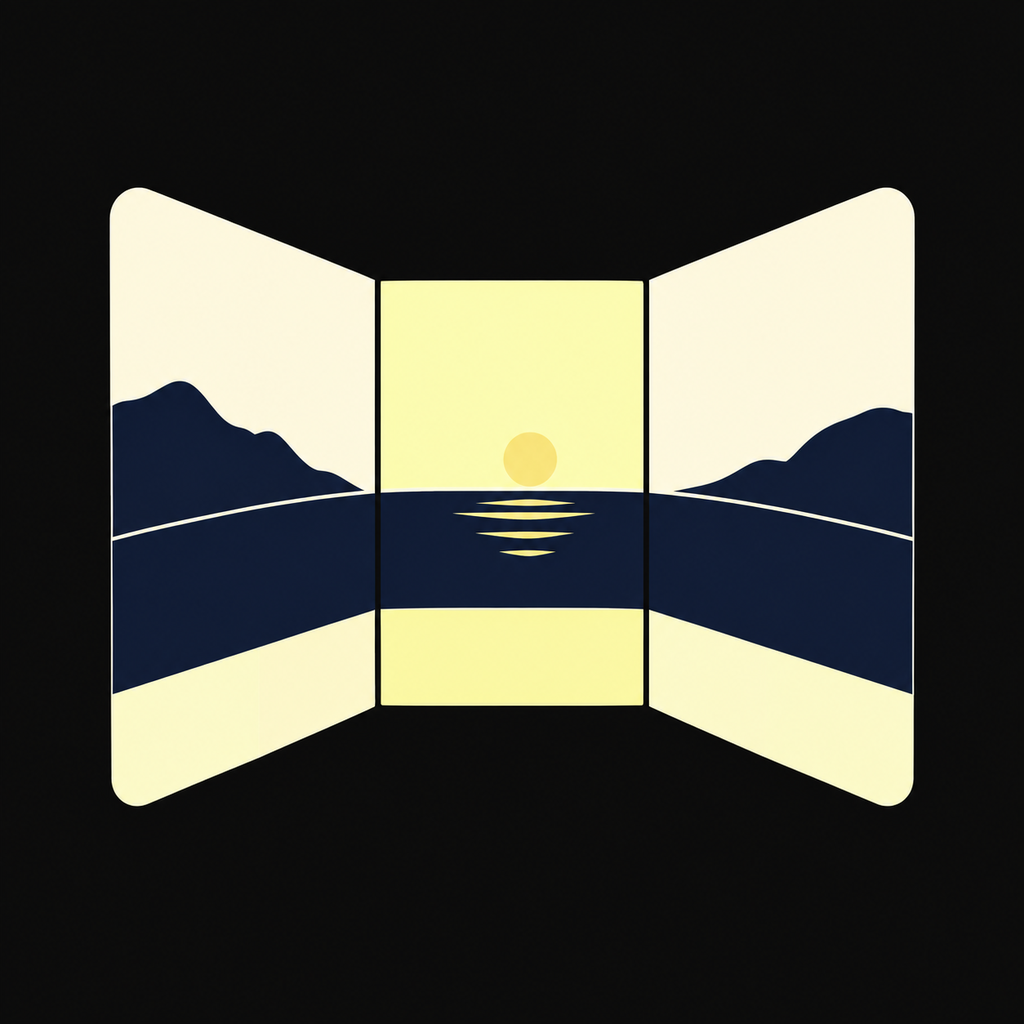 A panoramic horizon folded across three planes