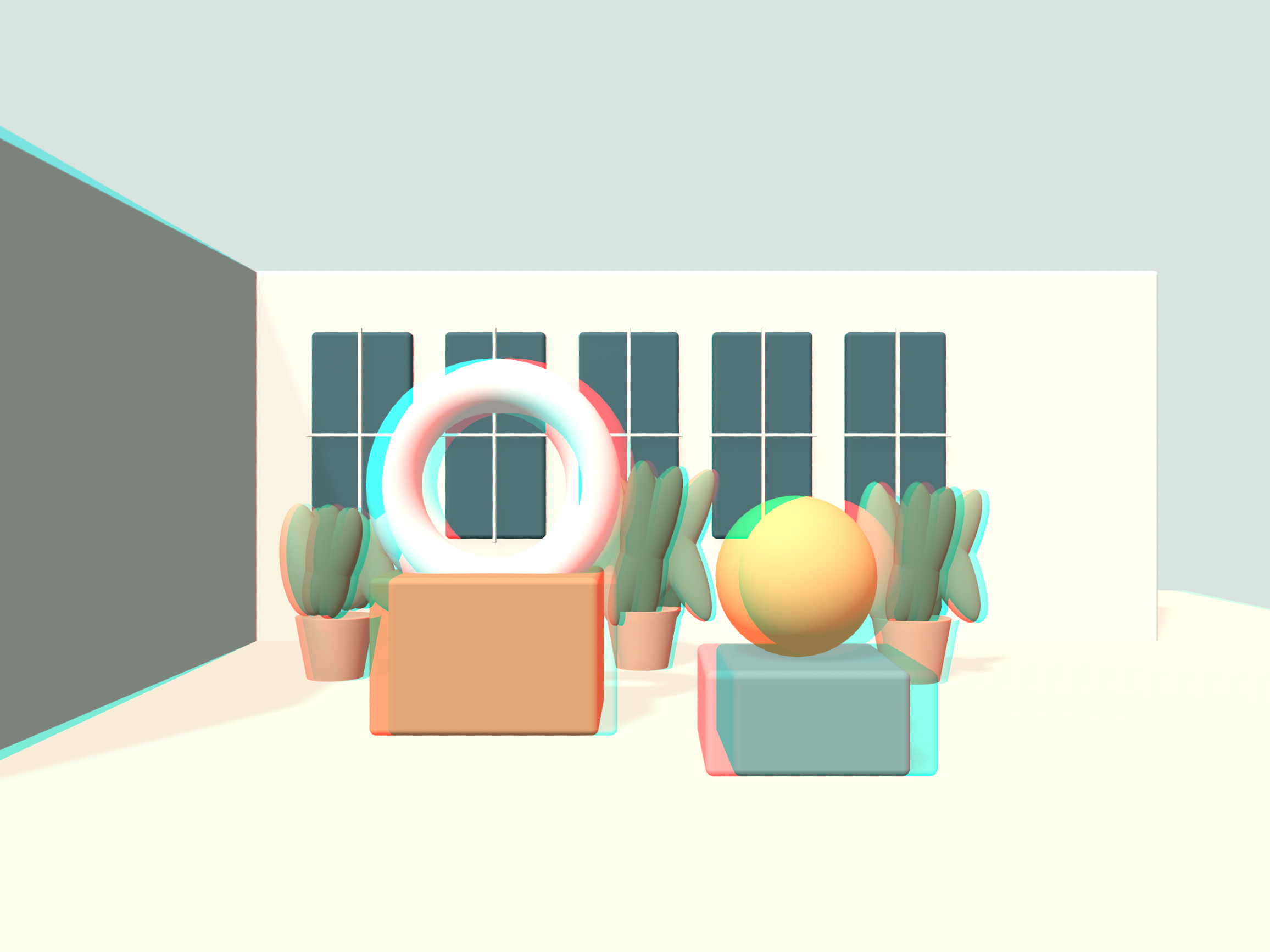 Actual red-cyan output from two original conservatory viewpoints