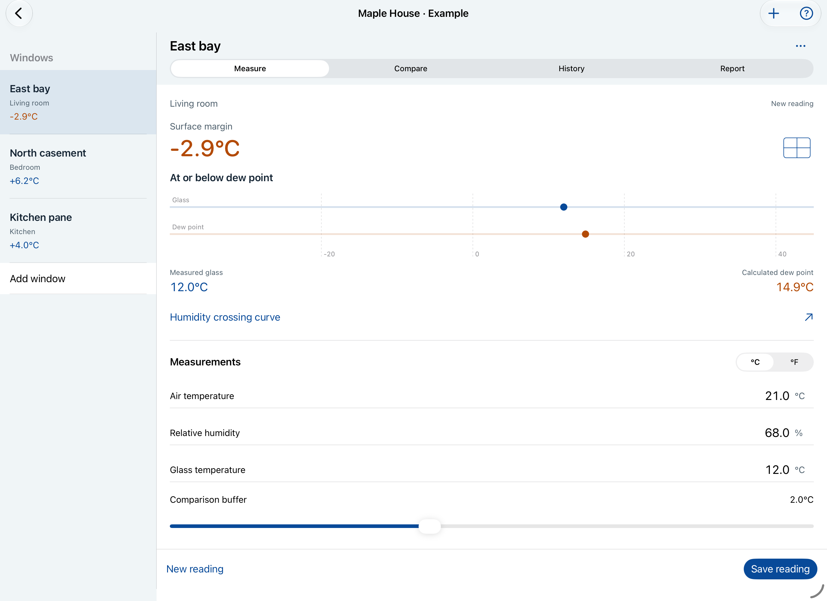 Actual Paneveil iPad measurement workspace with window list and thermal comparison; fictional example