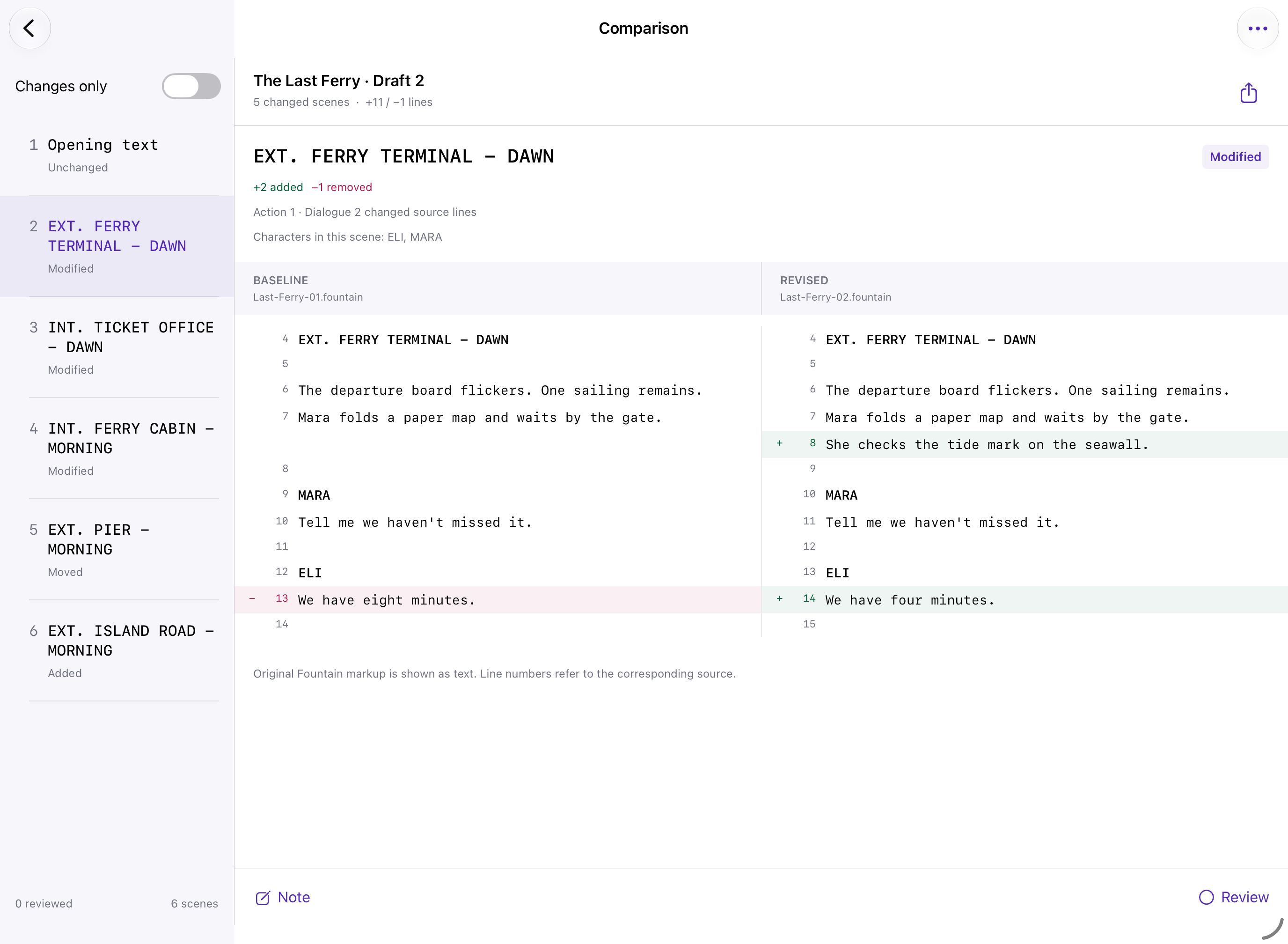 Actual Reviser iPad screen with scene sidebar and baseline and revised script columns