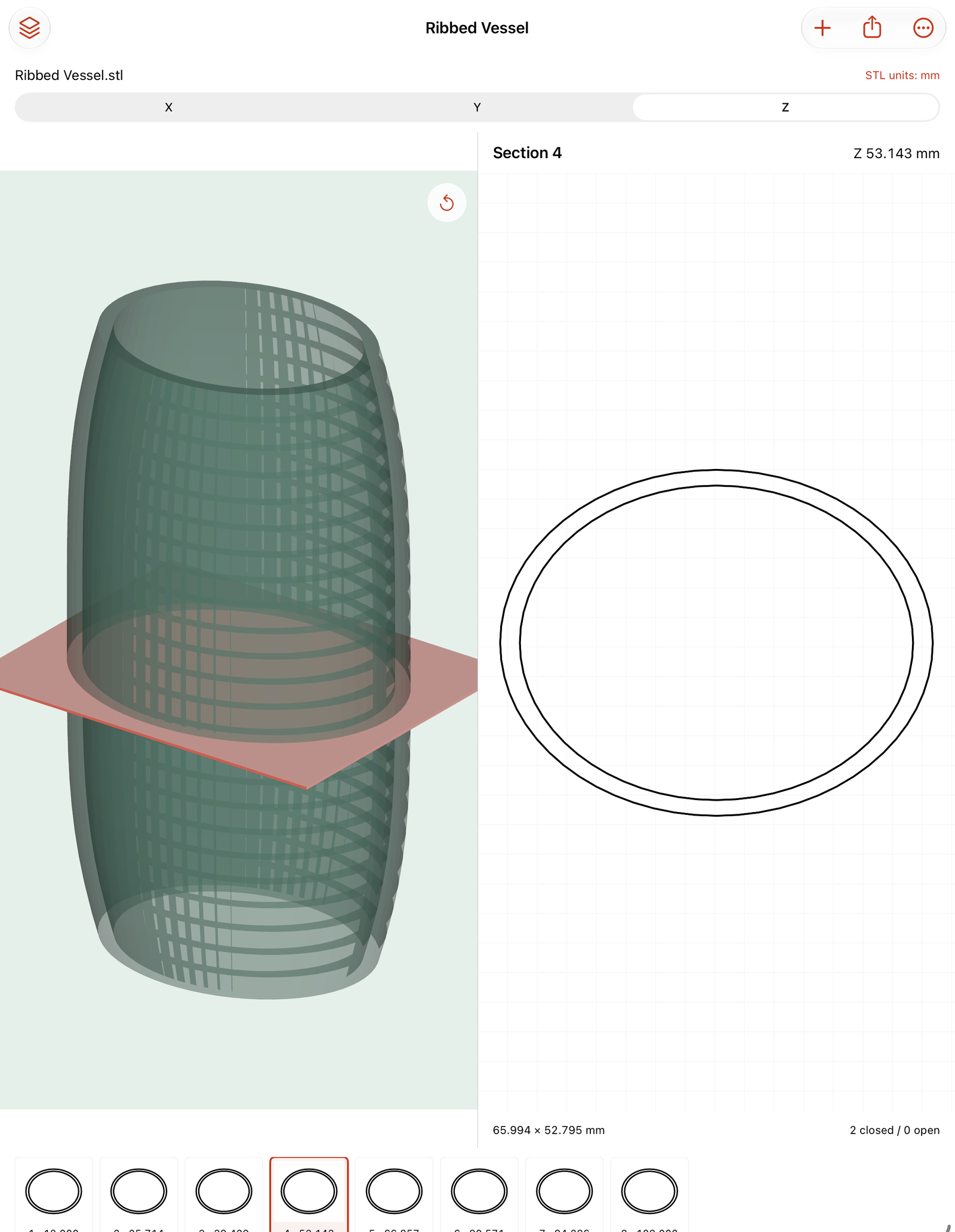 Actual Ribcast iPad Release workspace showing the original hollow vessel, selected Z plane and two measured closed contours