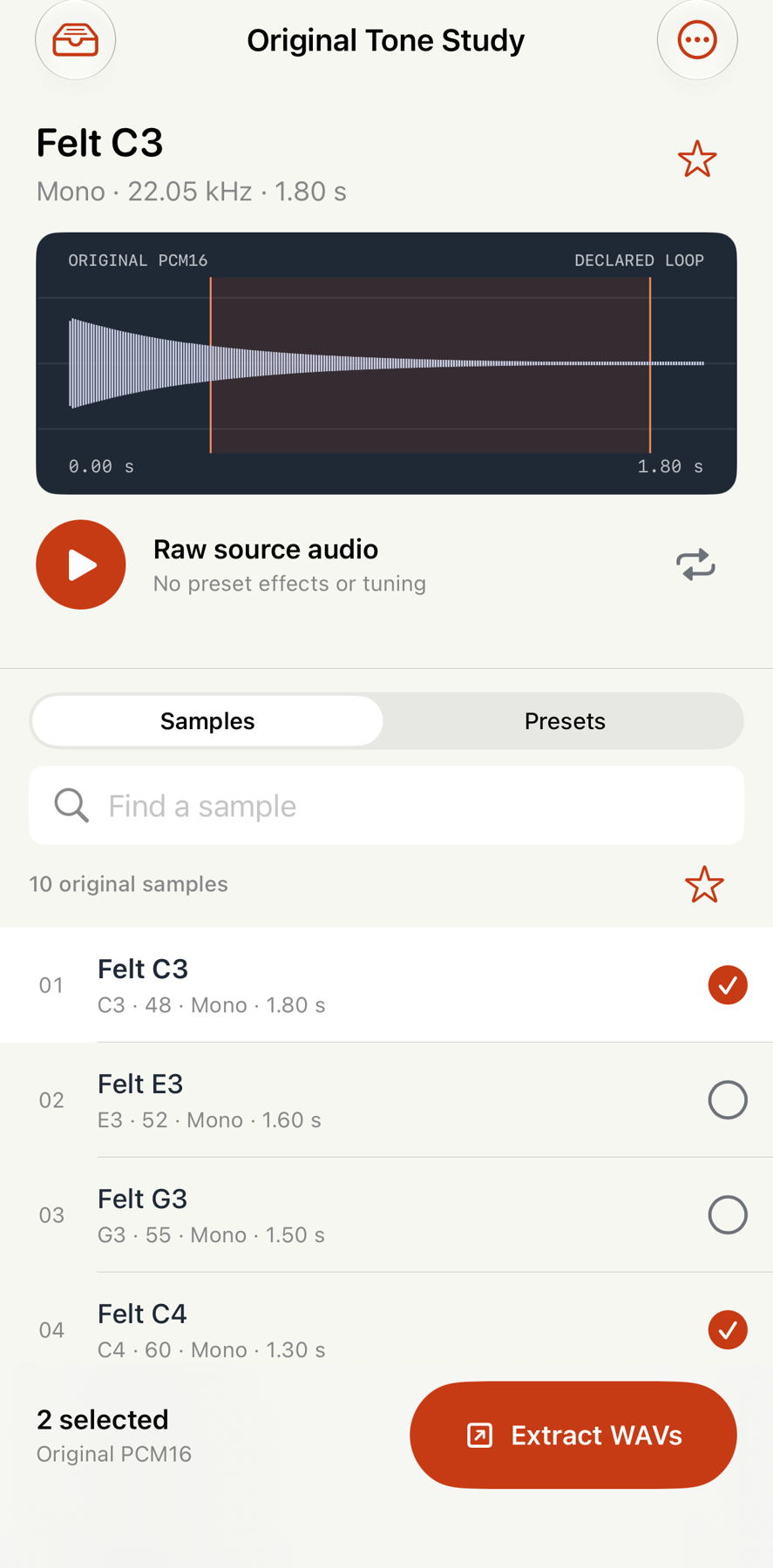 Actual iPhone raw sample preview and selected sample list