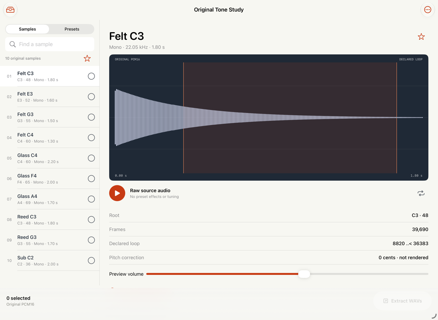 Actual iPad workspace showing sample list, original waveform and loop bounds