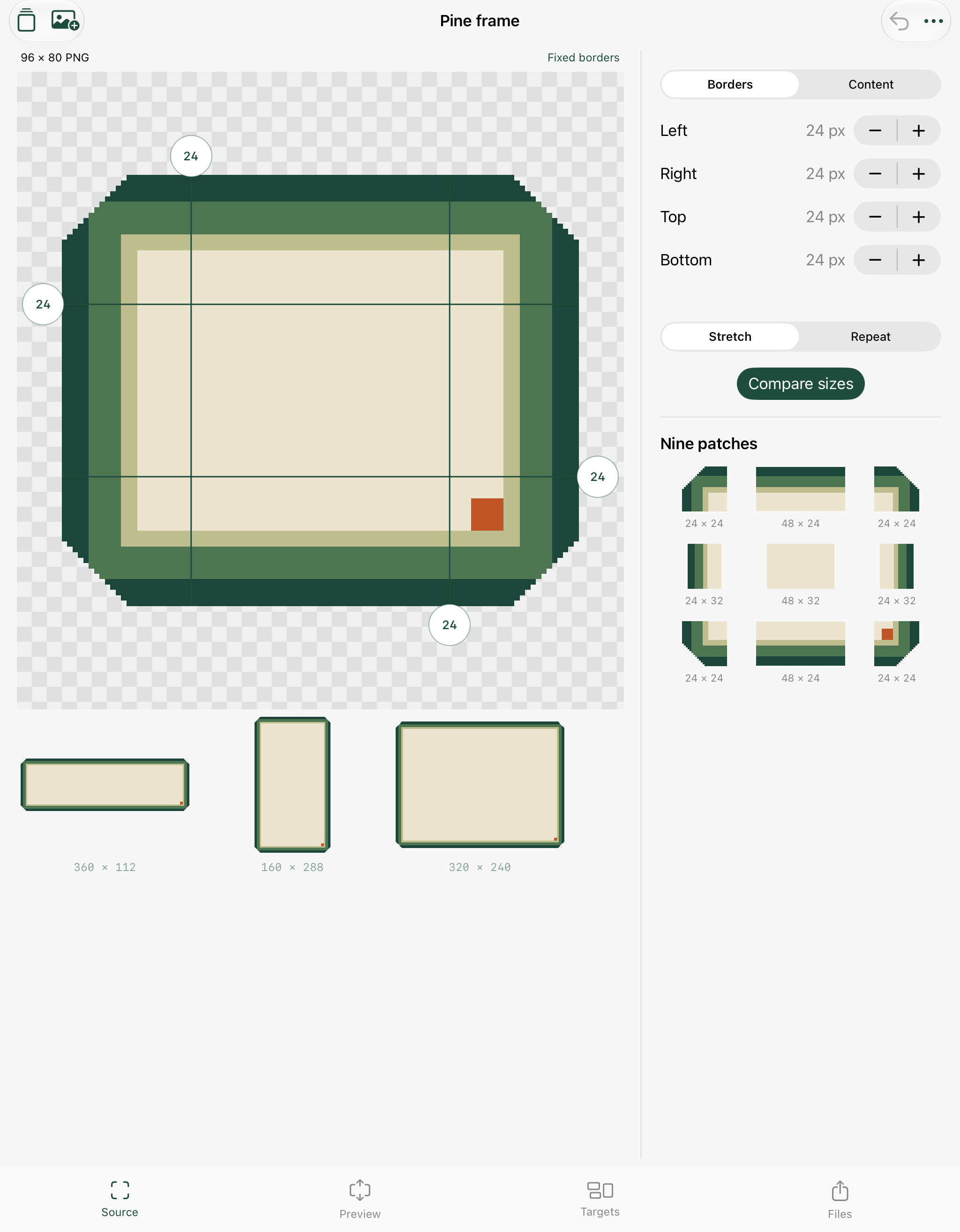 Actual Rimvara iPad source editor with four border handles, target previews and exact controls