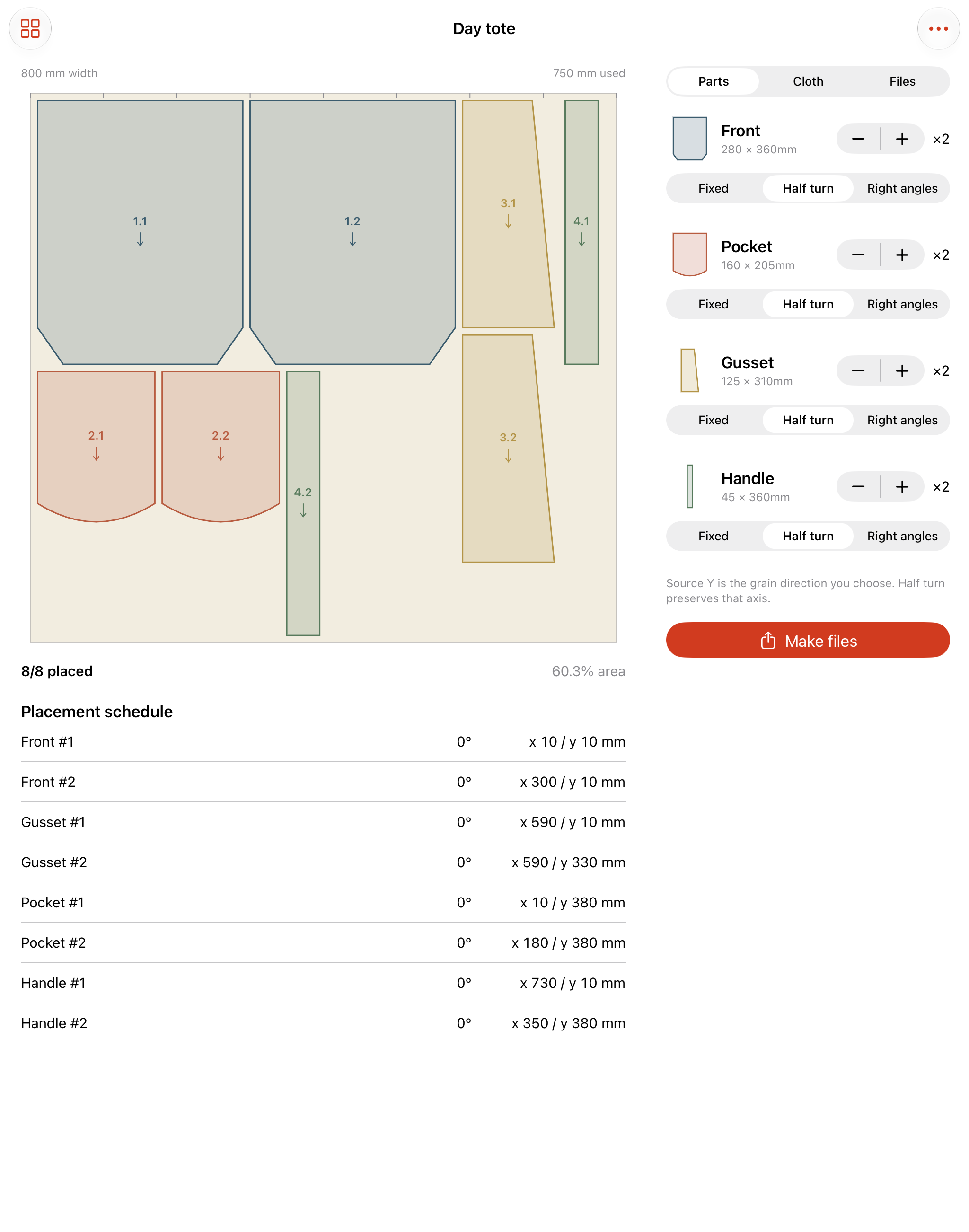 Actual native iPad workroom with eight placed tote-study pieces and editable source controls