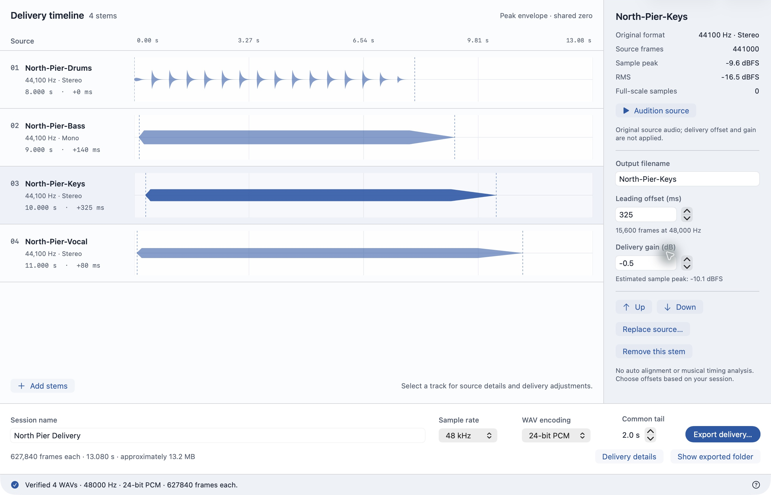 Actual Stemrail macOS workspace showing four waveforms, source measurements, output settings and verified WAV delivery