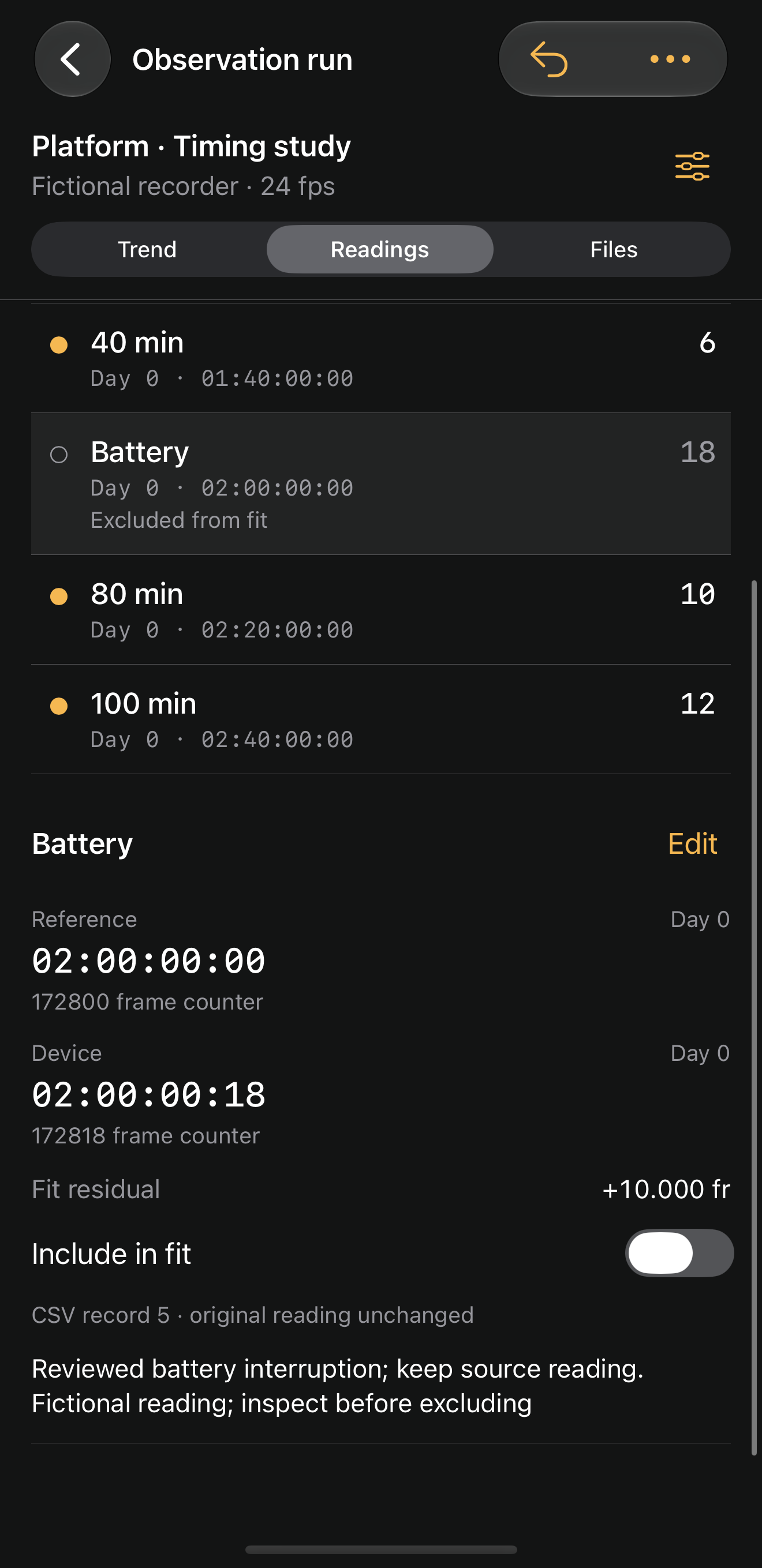 Battery observation excluded from fit with original paired readings and note retained