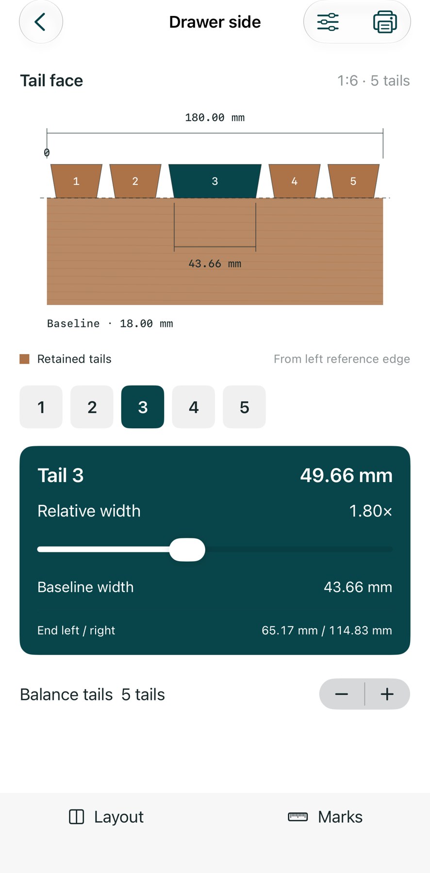Actual Tailnook iPhone layout and selected tail inspector