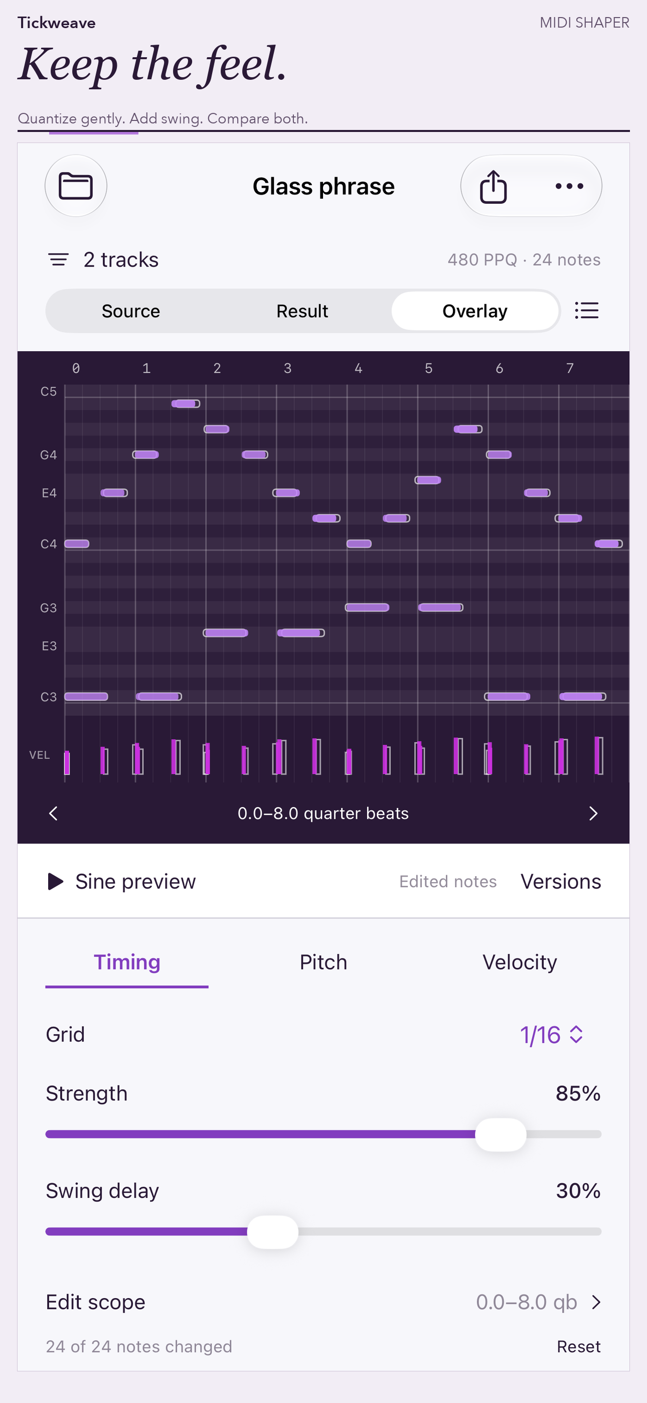 Actual Tickweave iPhone screen showing original and edited notes with quantize and swing controls