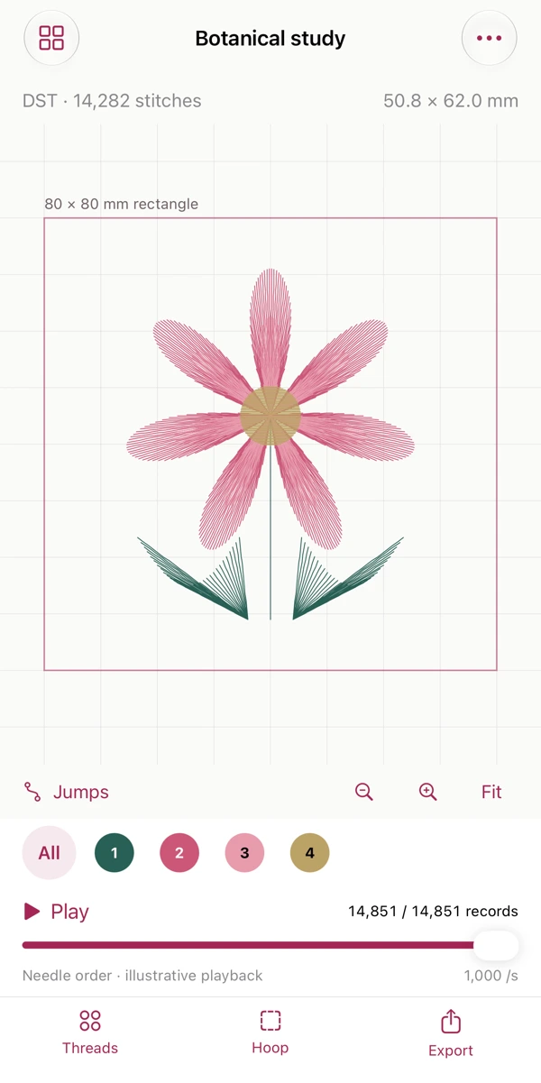 Actual Twillume workspace showing the botanical study, stitch count, rectangle and thread sequence