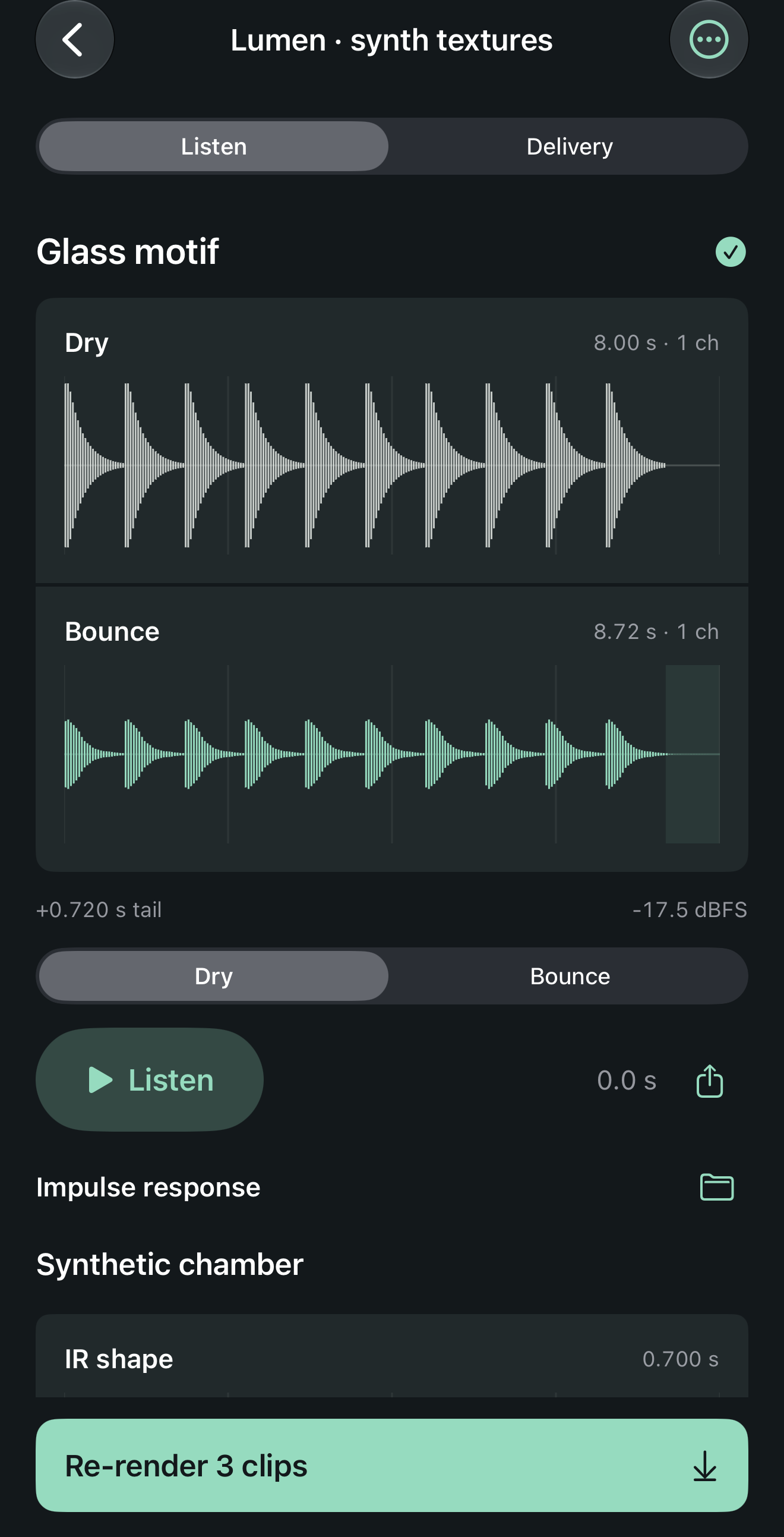 Actual Veldverb interface showing time-aligned dry and processed audio, a visible tail, audition controls and the IR inspector