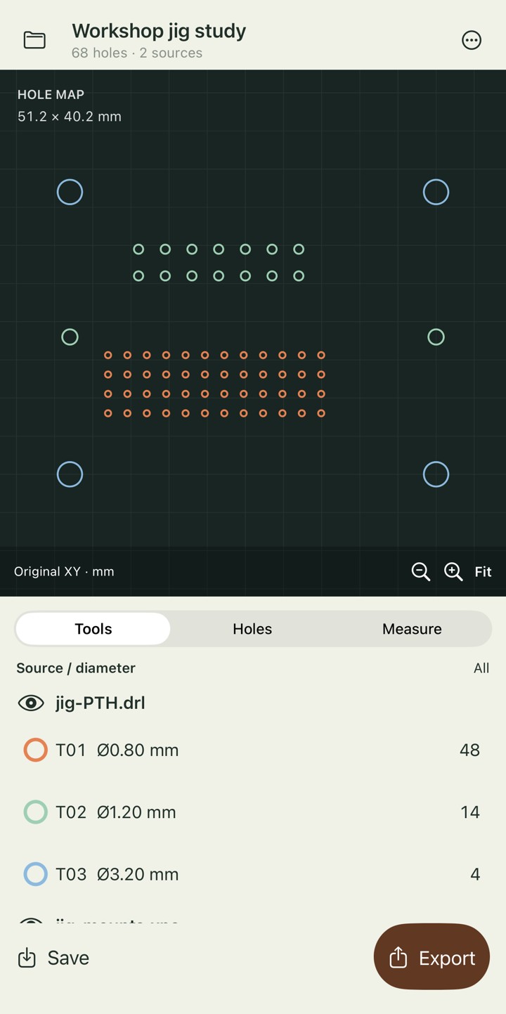 Actual Viaquill iPhone screen: an original synthetic 68-hole study with source and tool controls