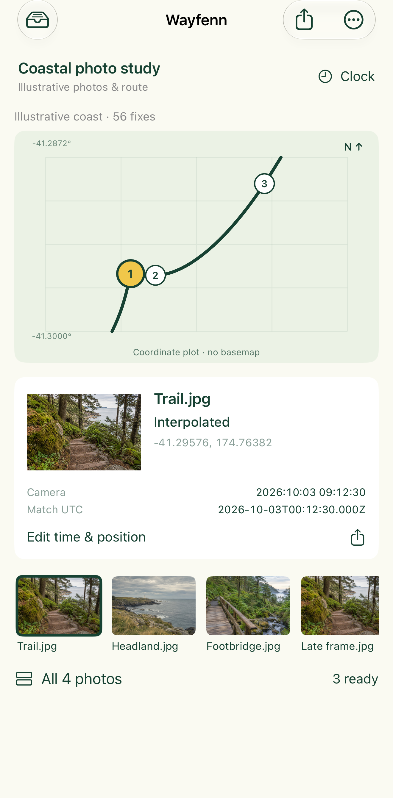 Wayfenn on iPhone showing an illustrative GPX route, linked photo markers and the photo's original camera time