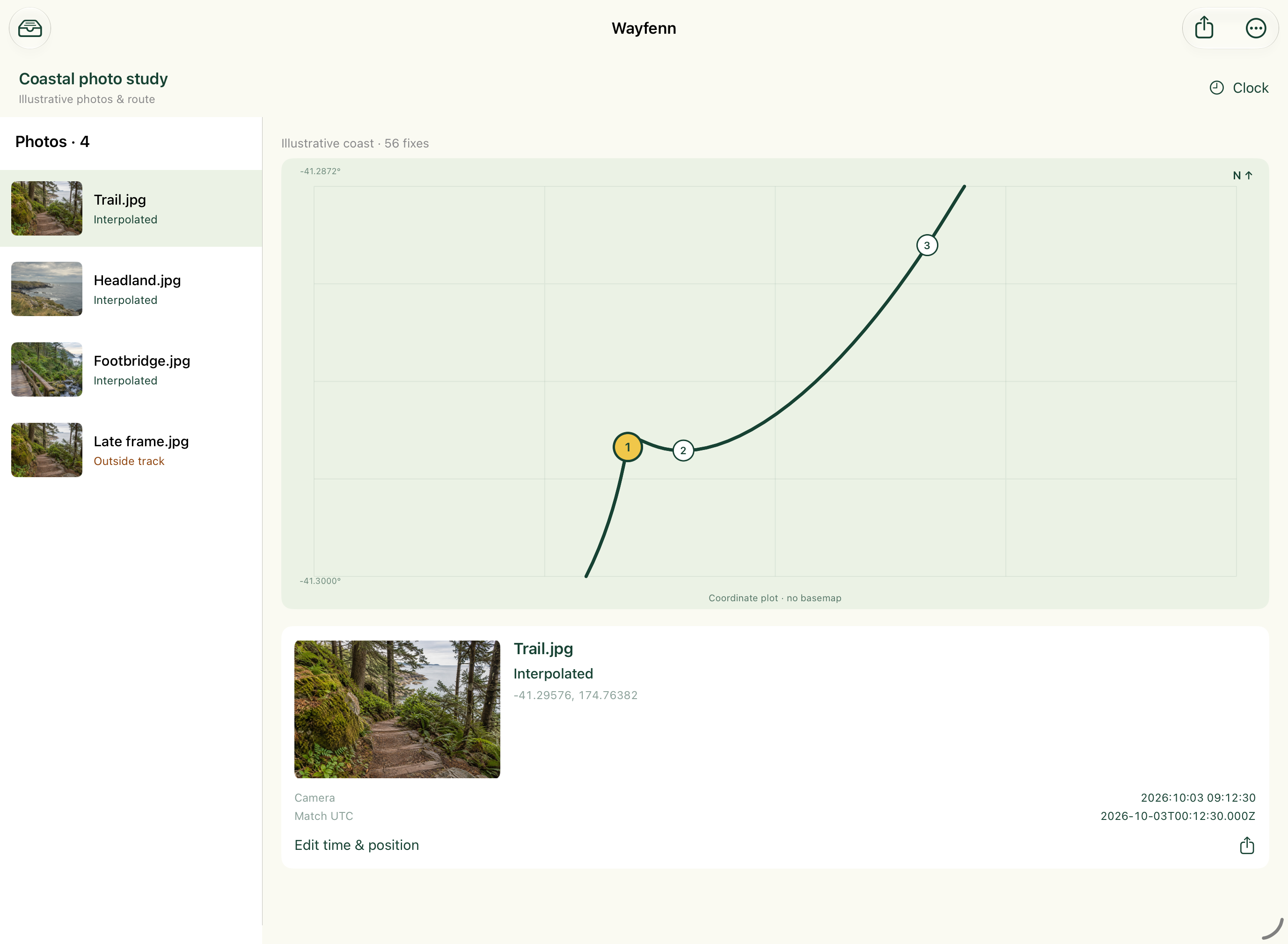 Actual Wayfenn iPad workspace with photo rail, GPX coordinate plot and selected photograph