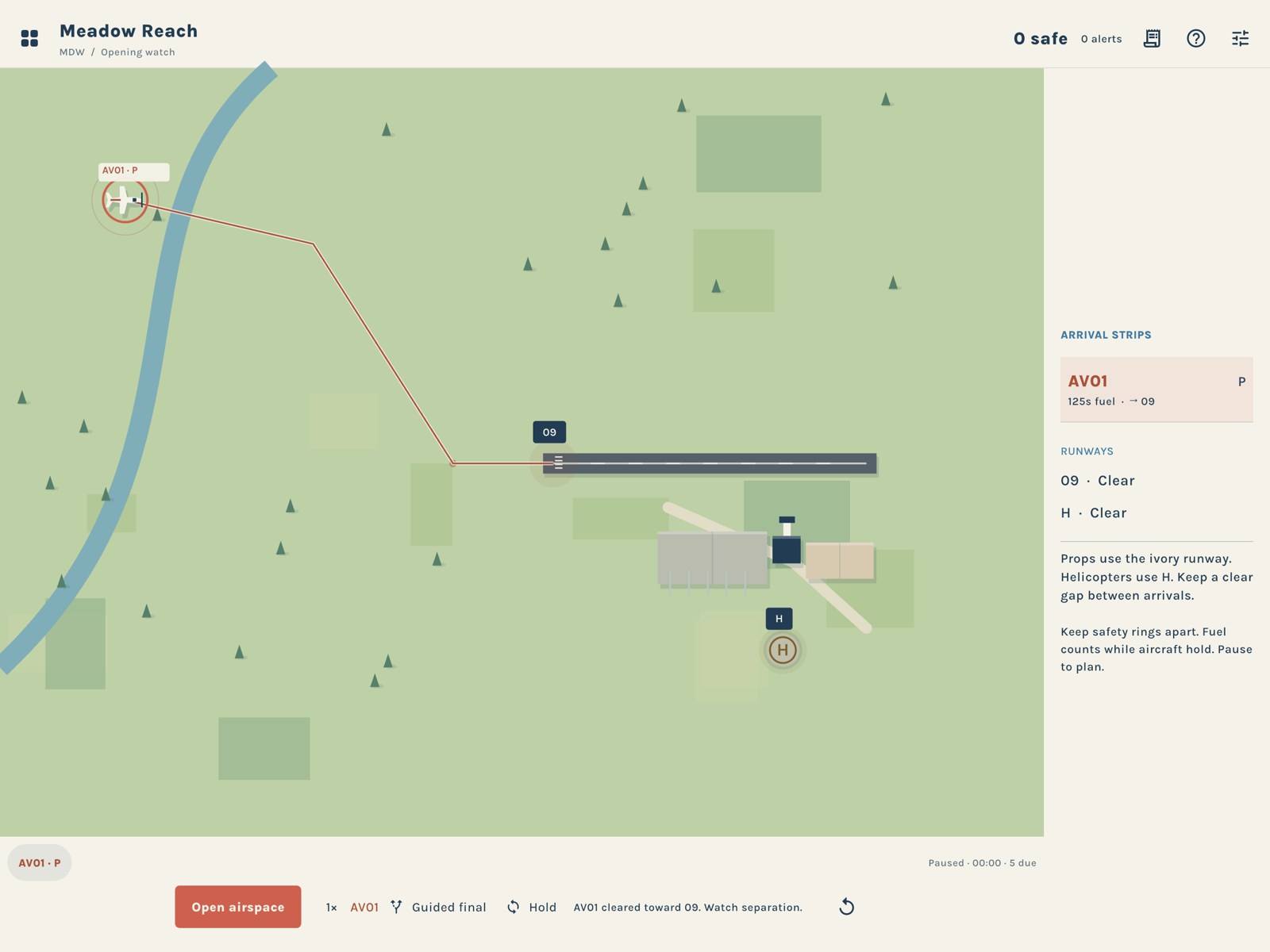 Actual iPad airspace, drawn route, arrival strips and runway operations panel