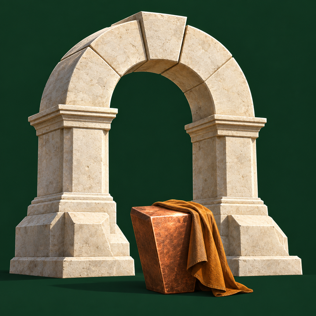Original limestone arch and copper keystone icon