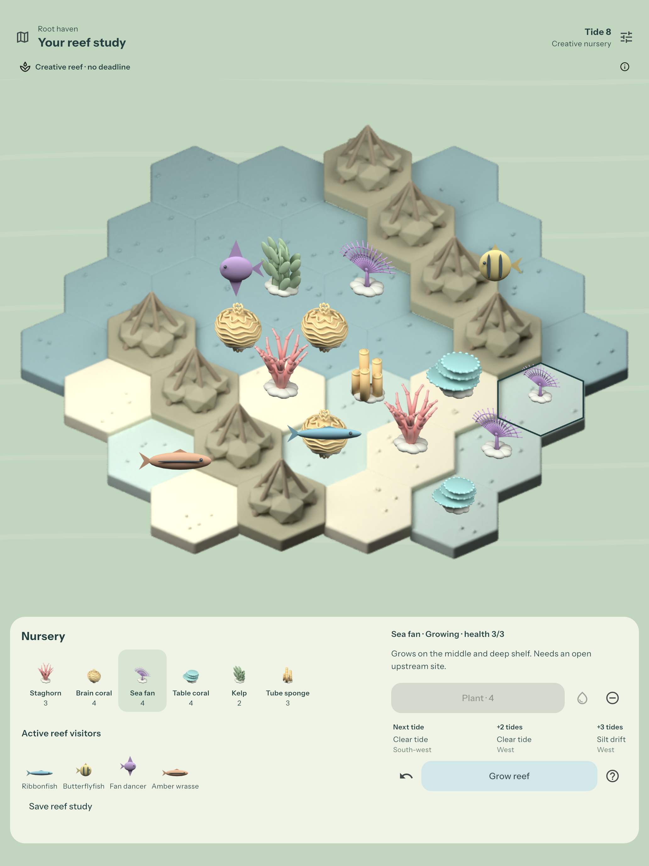 Actual Atollune iPad gameplay with a grown mangrove reef, coral nursery and current forecast