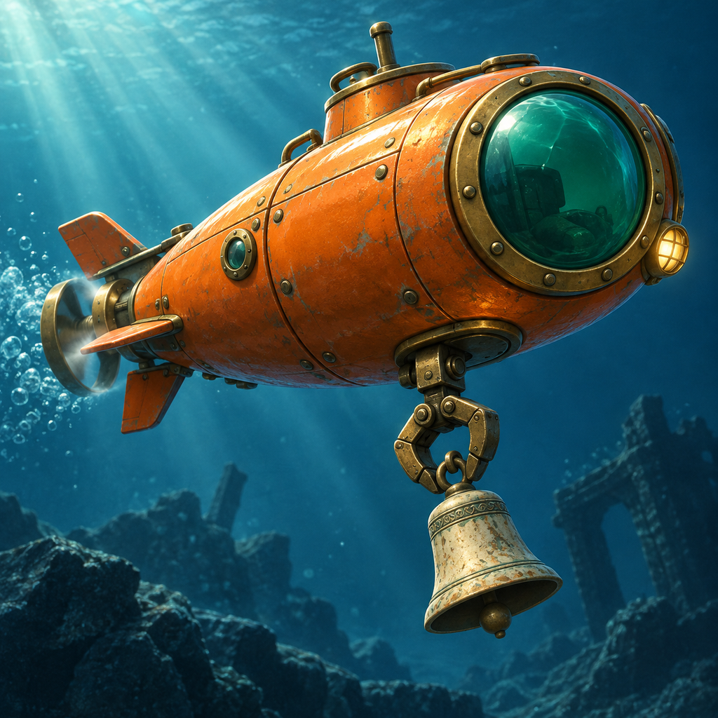 Copper submarine carrying a harbour bell
