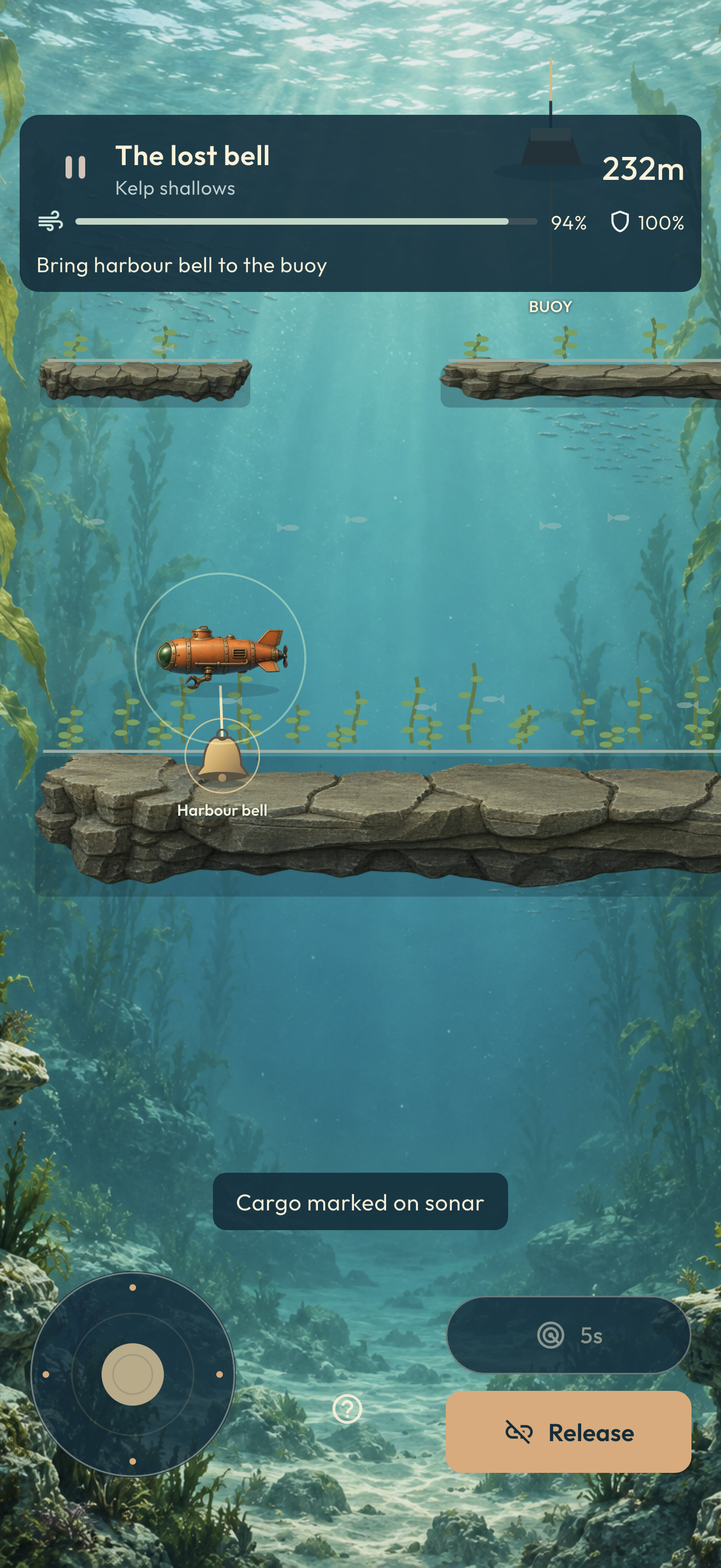 Actual iPhone gameplay: a harbour bell hanging below the submarine