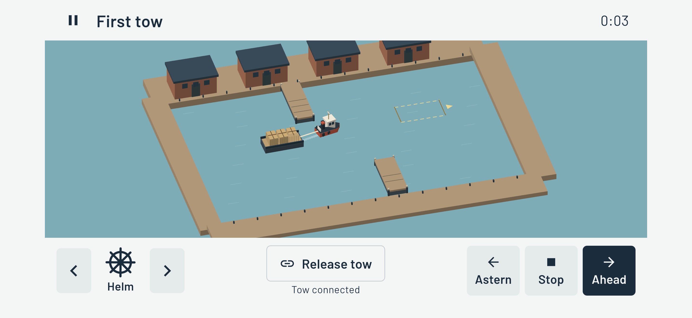 Actual native Bollard Bay gameplay: tug and crate barge joined by a towline near a marked berth