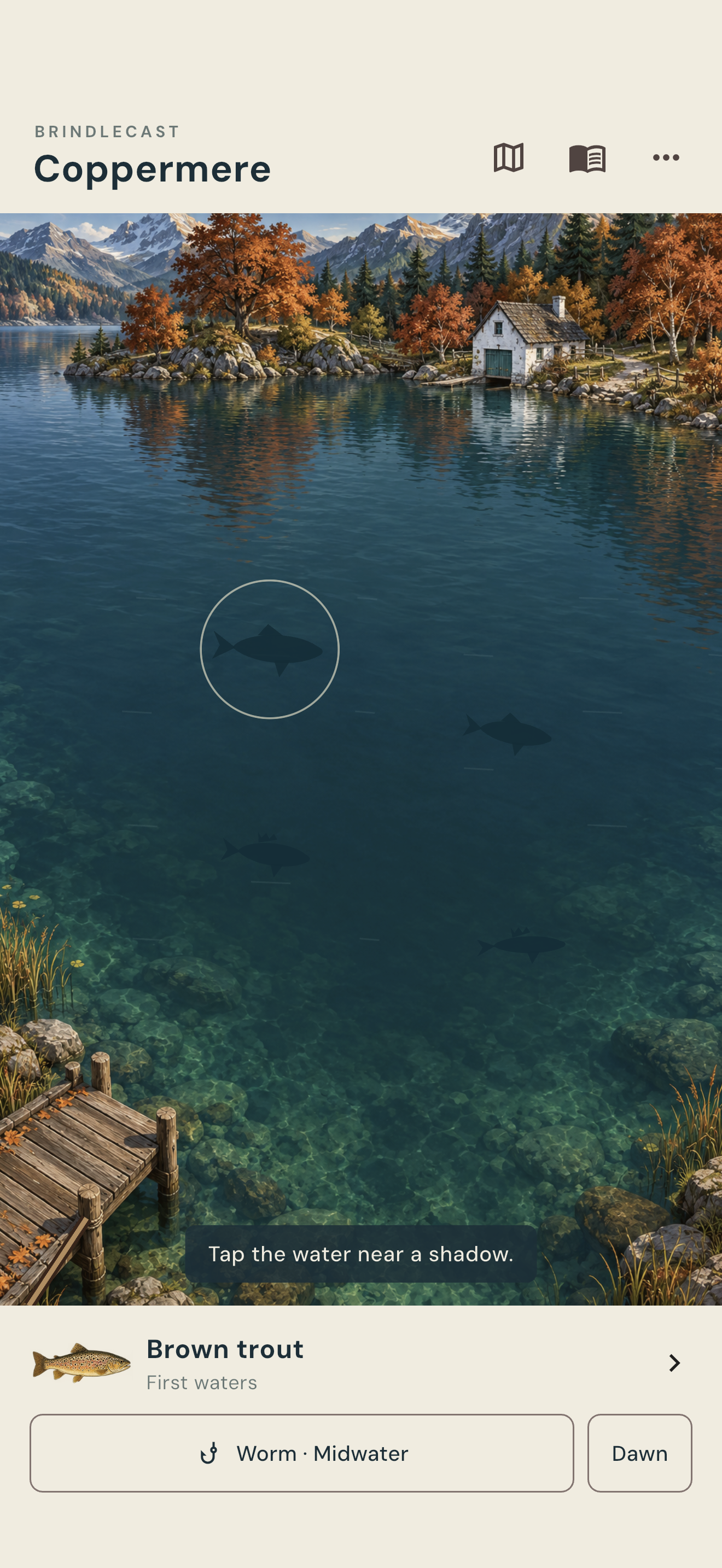 Actual iPhone fishing screen with underwater shadows and depth controls