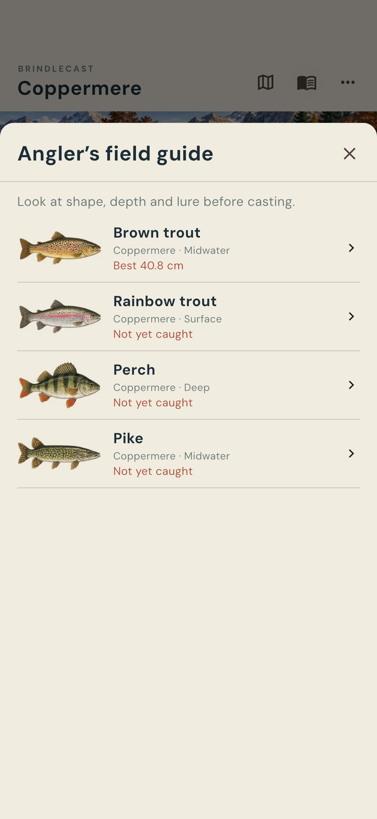 Actual illustrated fish guide, with discovered species and personal records