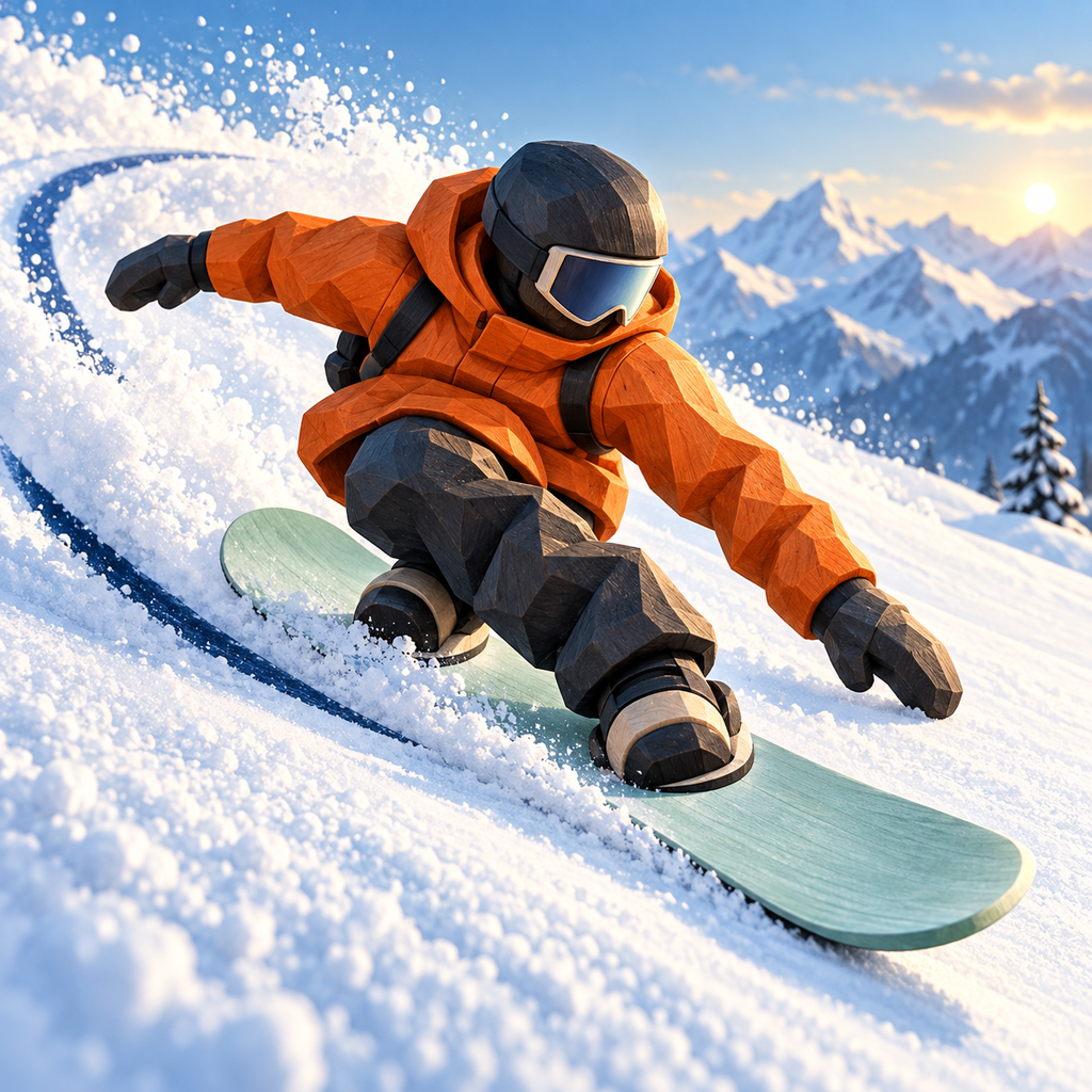 Original orange-jacket snowboarder carving a miniature snowy slope