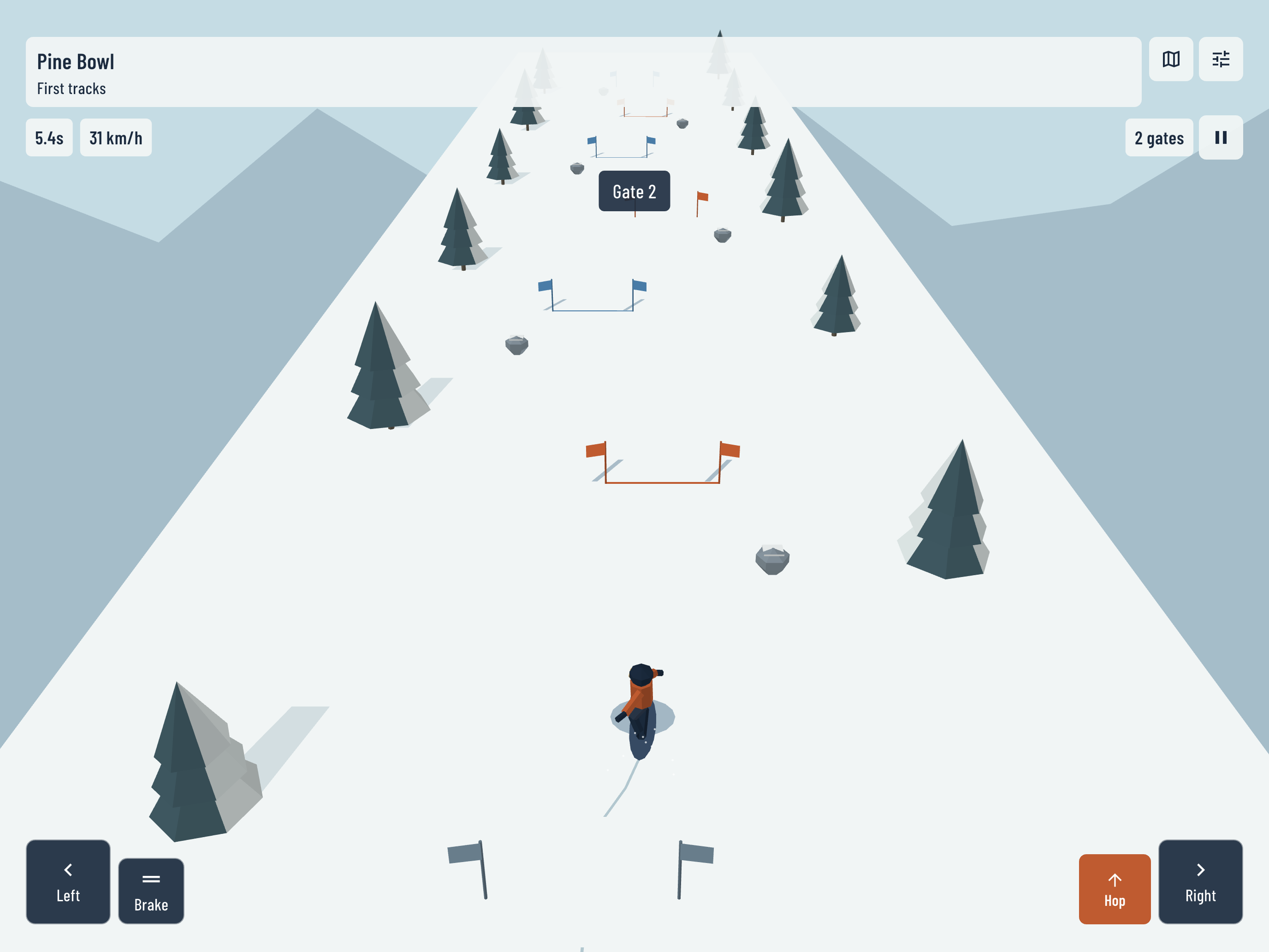 Actual native snowboard play with time, gate count, steering, brake and hop controls