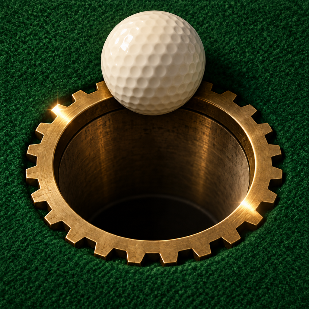 Ivory golf ball above a brass gear-ring cup on green felt