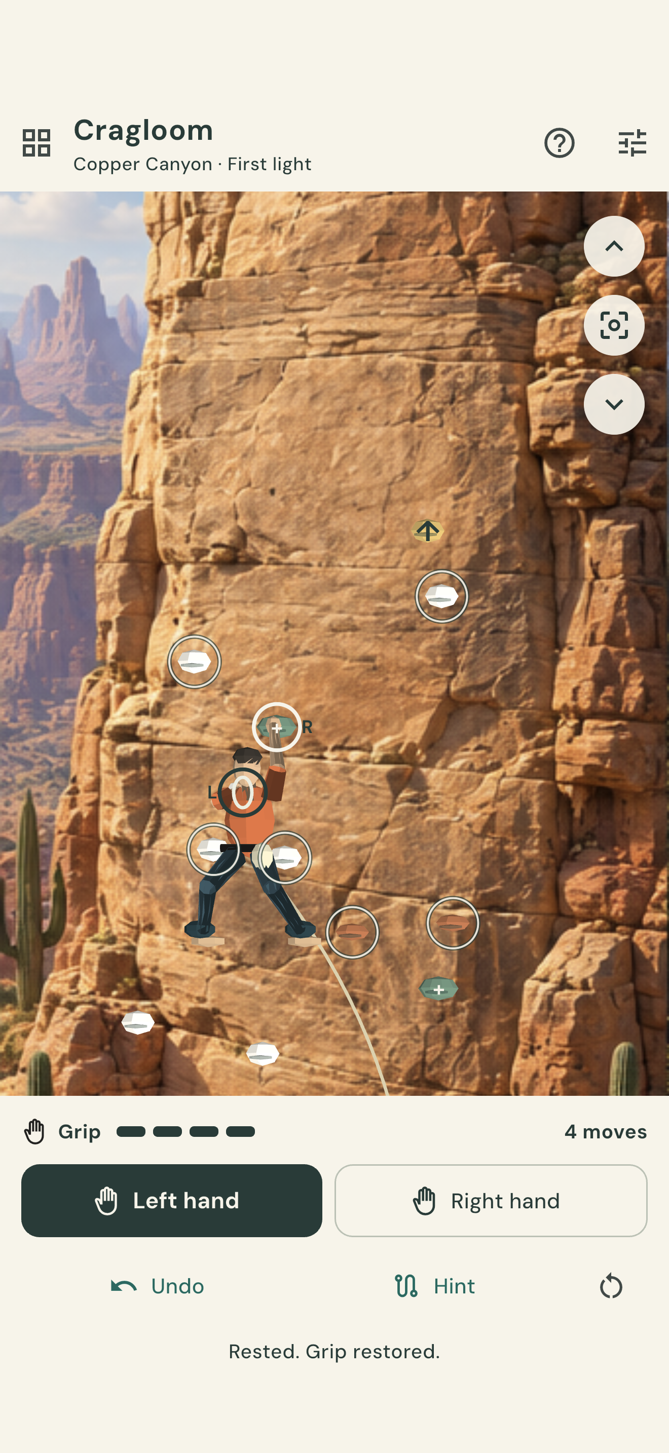 Actual Cragloom phone gameplay, copper jacket climber and reachable holds on sandstone