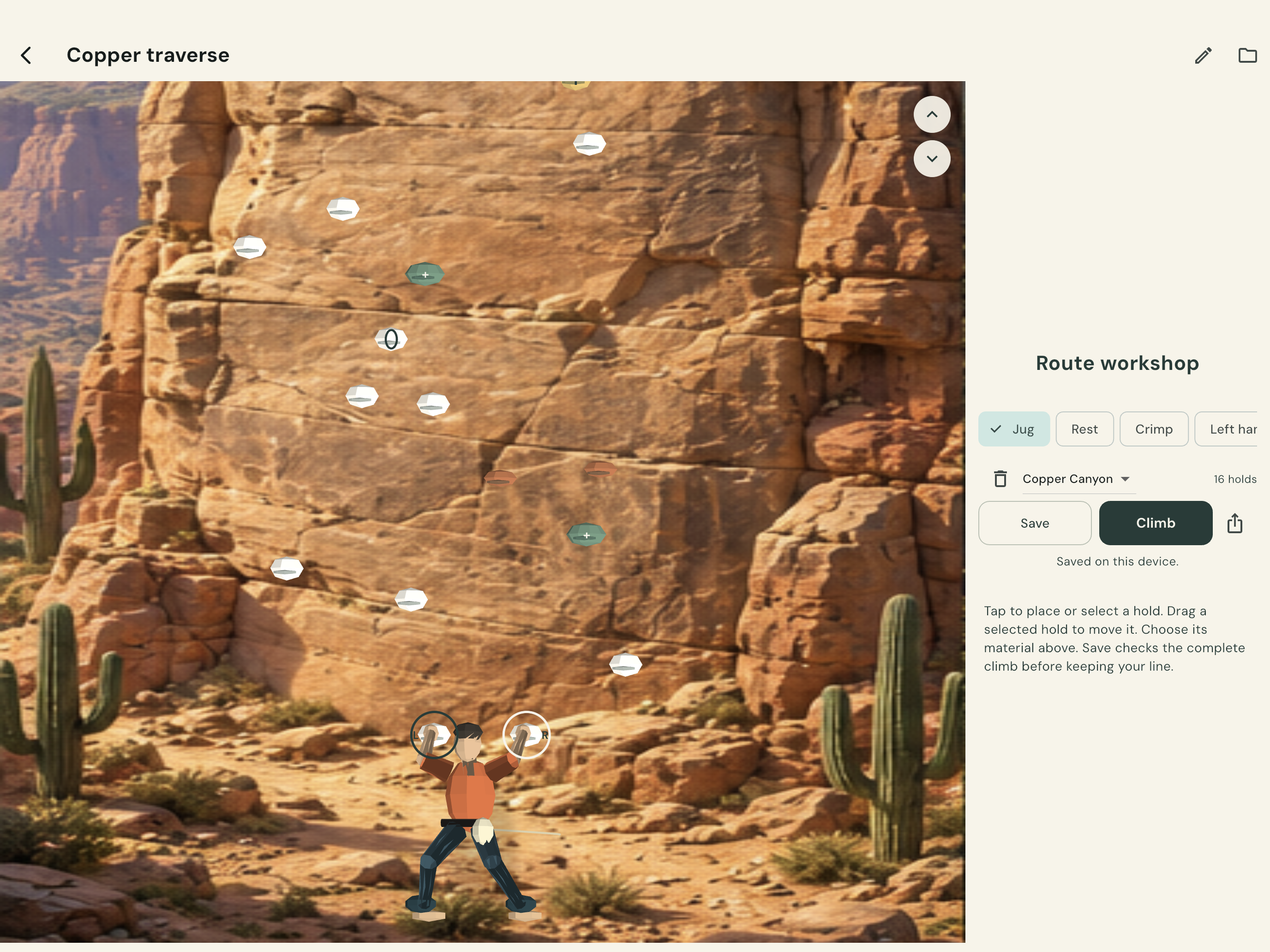 Actual iPad Route Workshop with placement tools and a saved named route