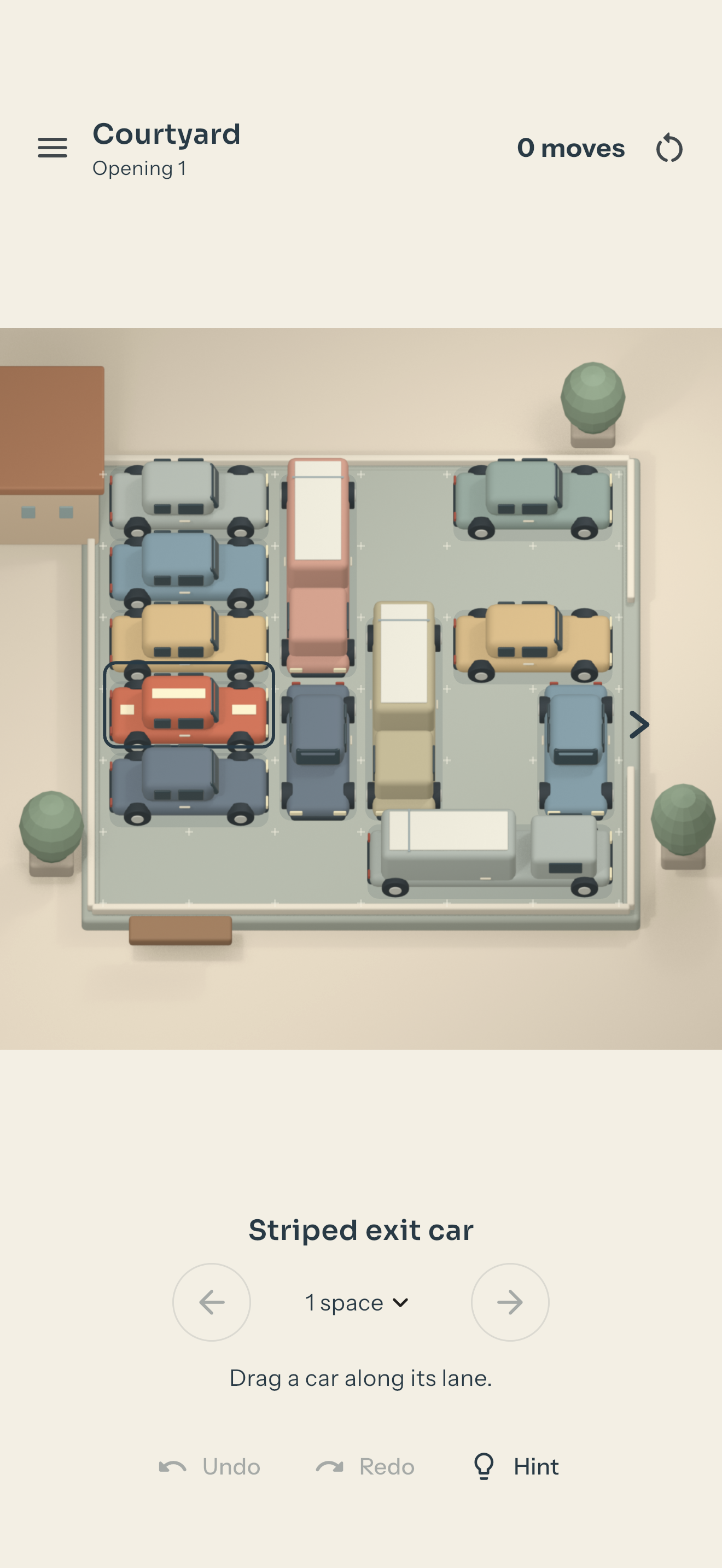 Actual iPhone Curbloom courtyard puzzle with distinct compact cars, vans and the striped exit car