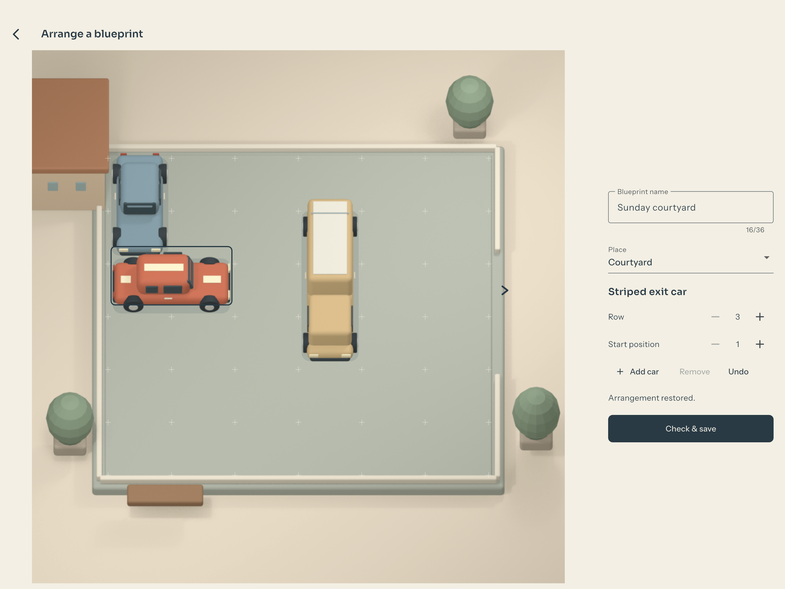 Actual iPad workshop editor with a blueprint name, arrangement controls and Check & save action