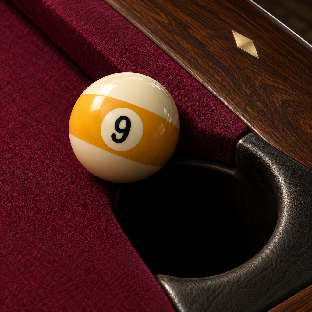 An ivory nine ball, wine cloth and a leather corner pocket