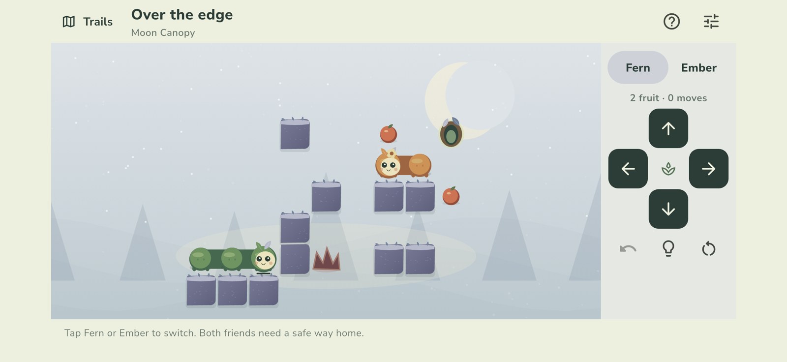 Actual native Fenncoil gameplay: Later trails combine two bodies, fruit and sharp thorn paths.