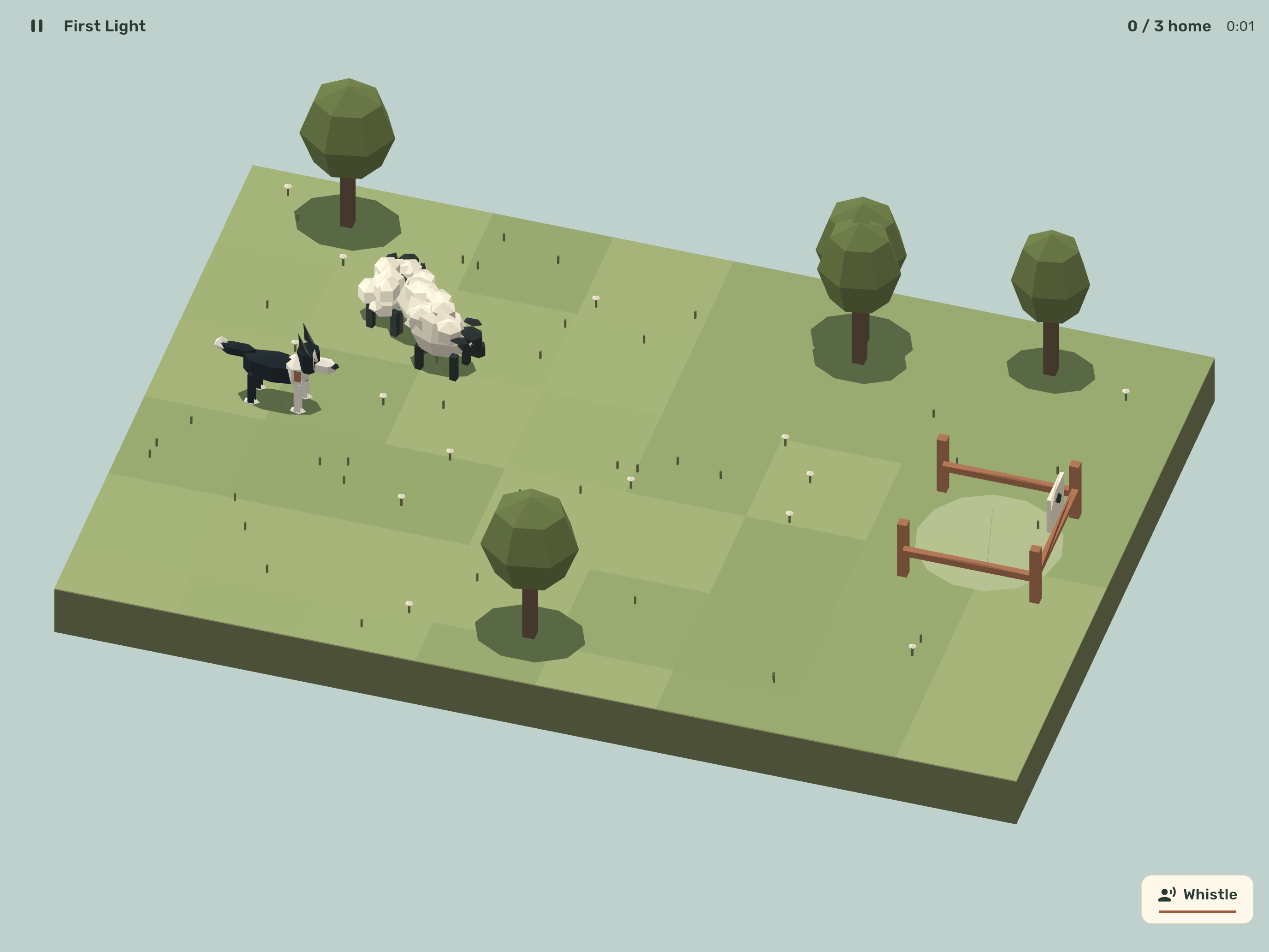 Actual native Flockmere gameplay with a collie guiding white sheep
